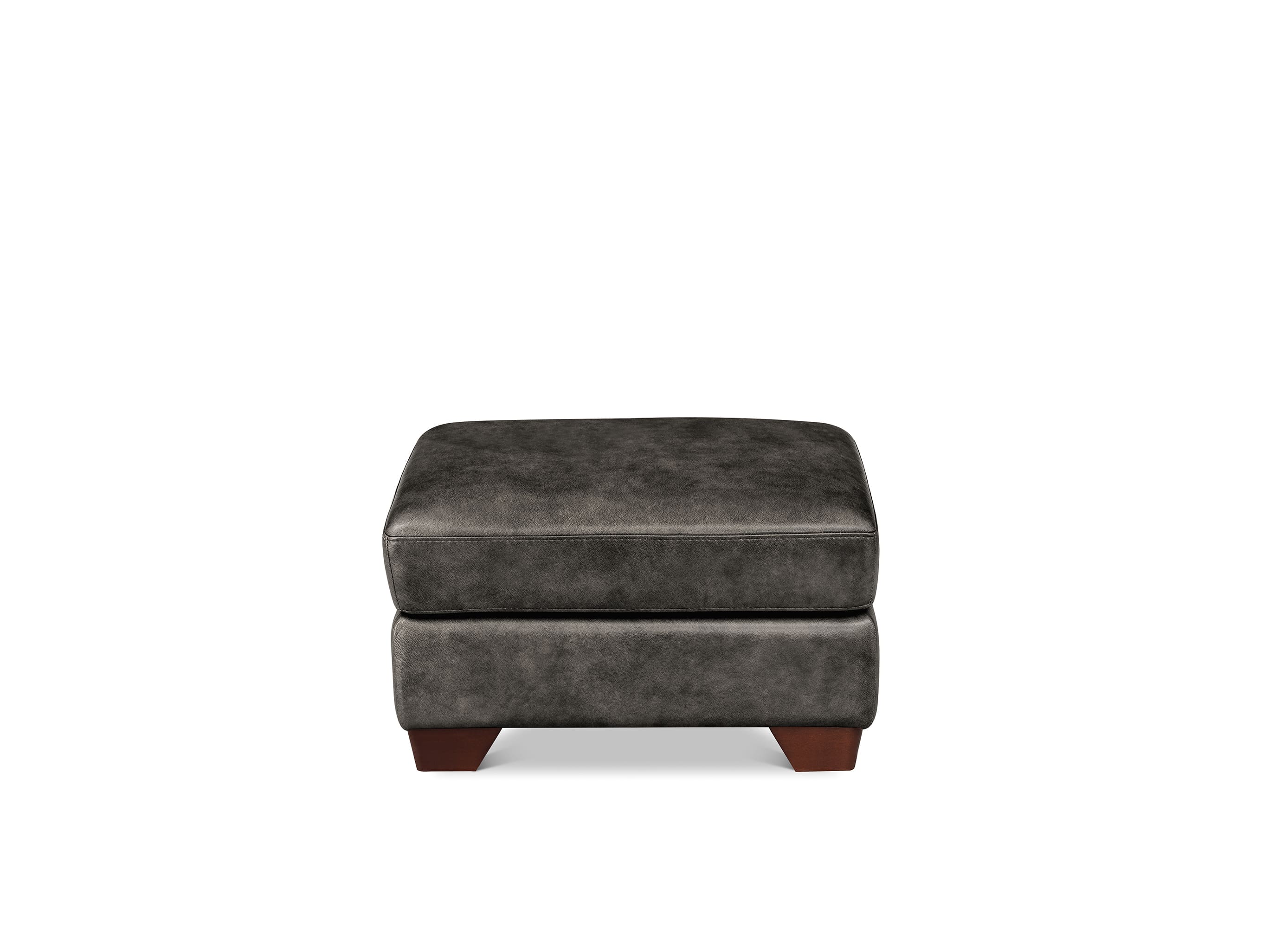 A dark gray upholstered ottoman with a textured fabric finish and short dark brown wooden legs, shown against a plain white background.
