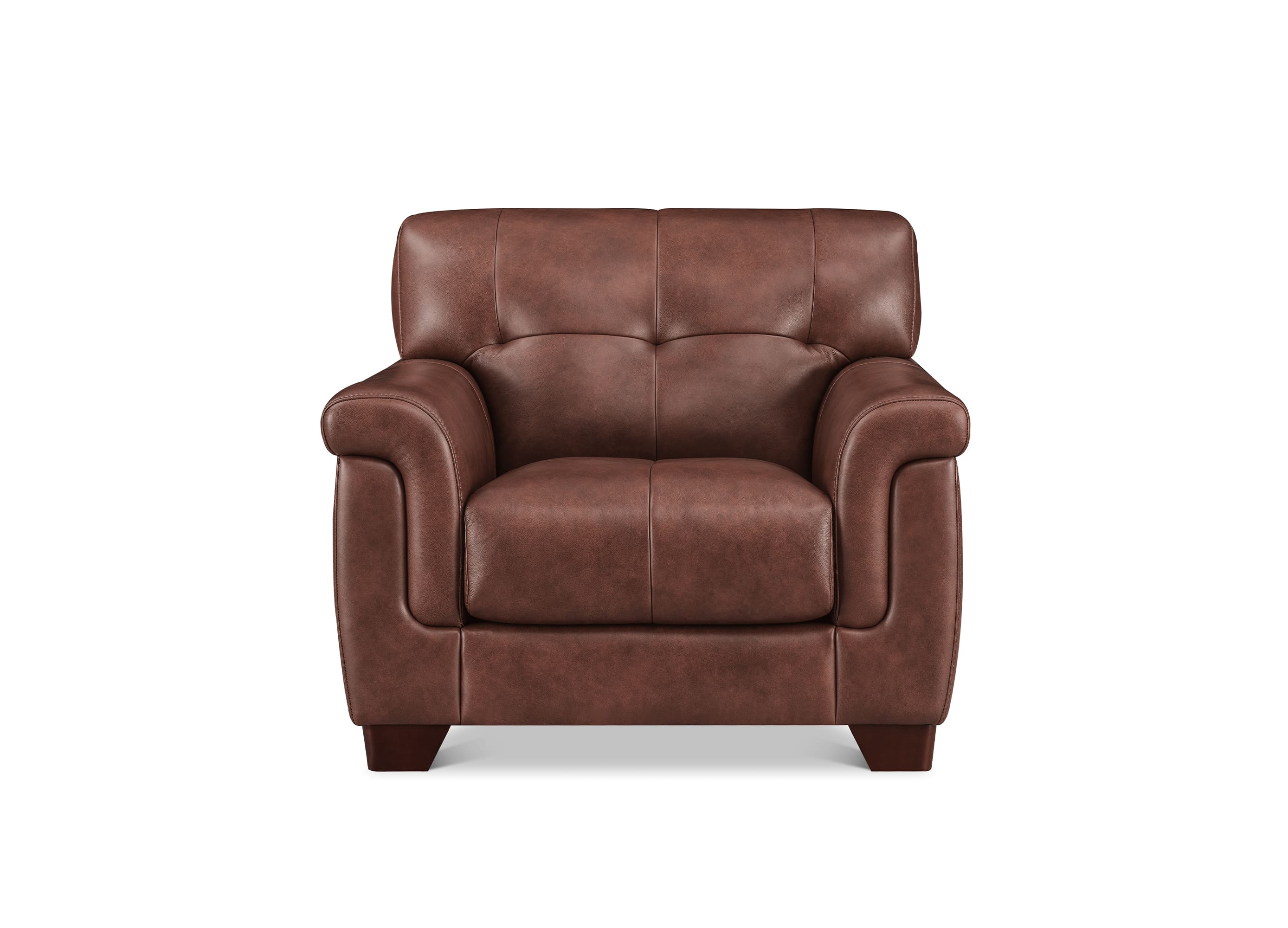 A brown leather armchair with tufted back cushions, rolled arms, and dark wooden legs, shown against a plain white background.