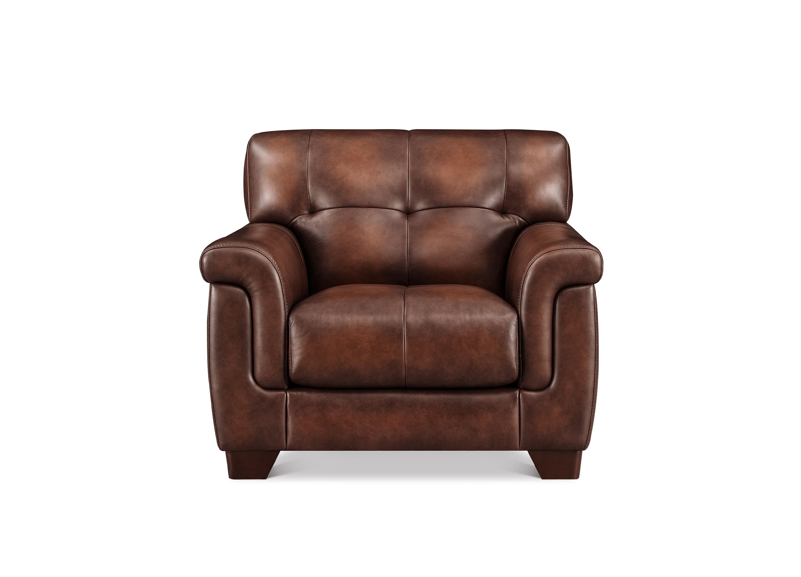 A classic brown leather armchair with tufted back cushions, rolled arms, and dark wooden legs, shown against a plain white background.