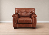 A brown leather armchair with tufted back cushions and rolled arms, shown from the front against a neutral beige wall and light wood floor.