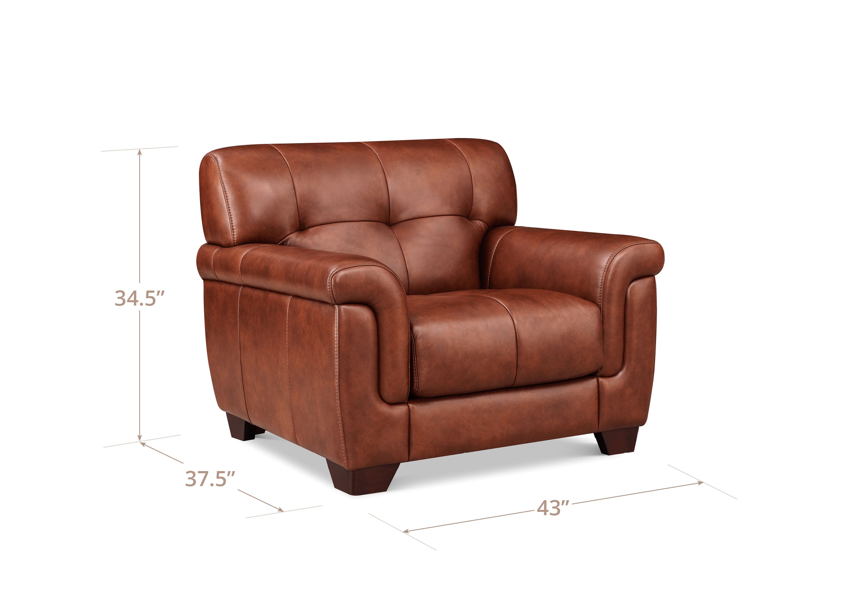 Brown leather armchair with dimensions on a white background