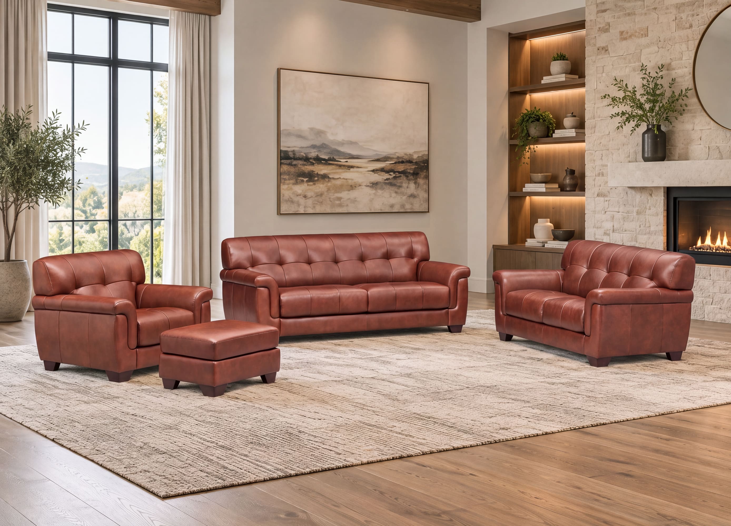 A three-piece brown leather furniture set in a modern living room, including a tufted loveseat, a matching armchair, and an ottoman, arranged on a large beige rug.