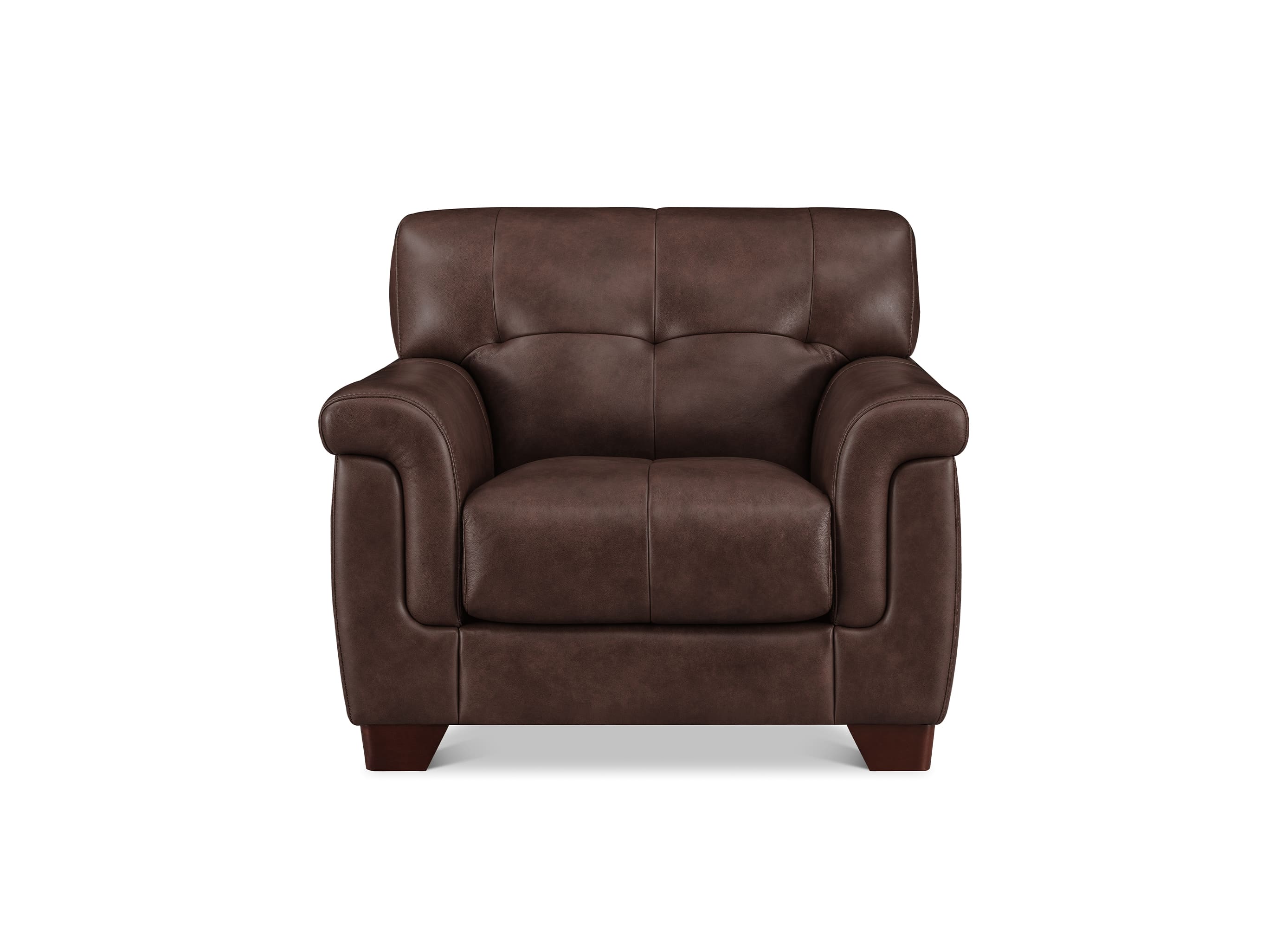 A dark brown leather armchair with tufted back cushions, rolled arms, and dark wooden legs, shown against a plain white background.
