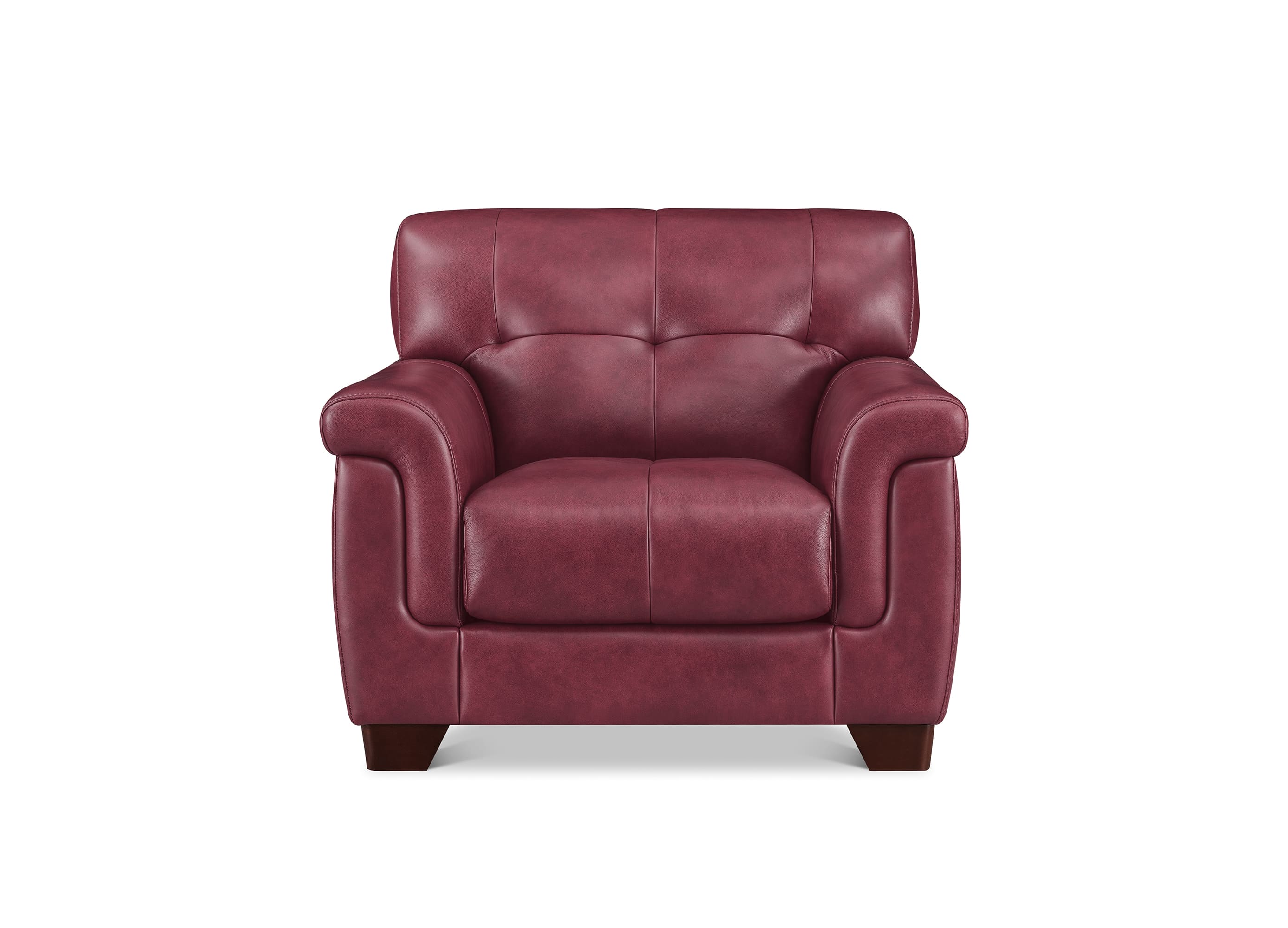A brown leather armchair with tufted back cushions, rolled arms, and dark wooden legs, shown against a plain white background.