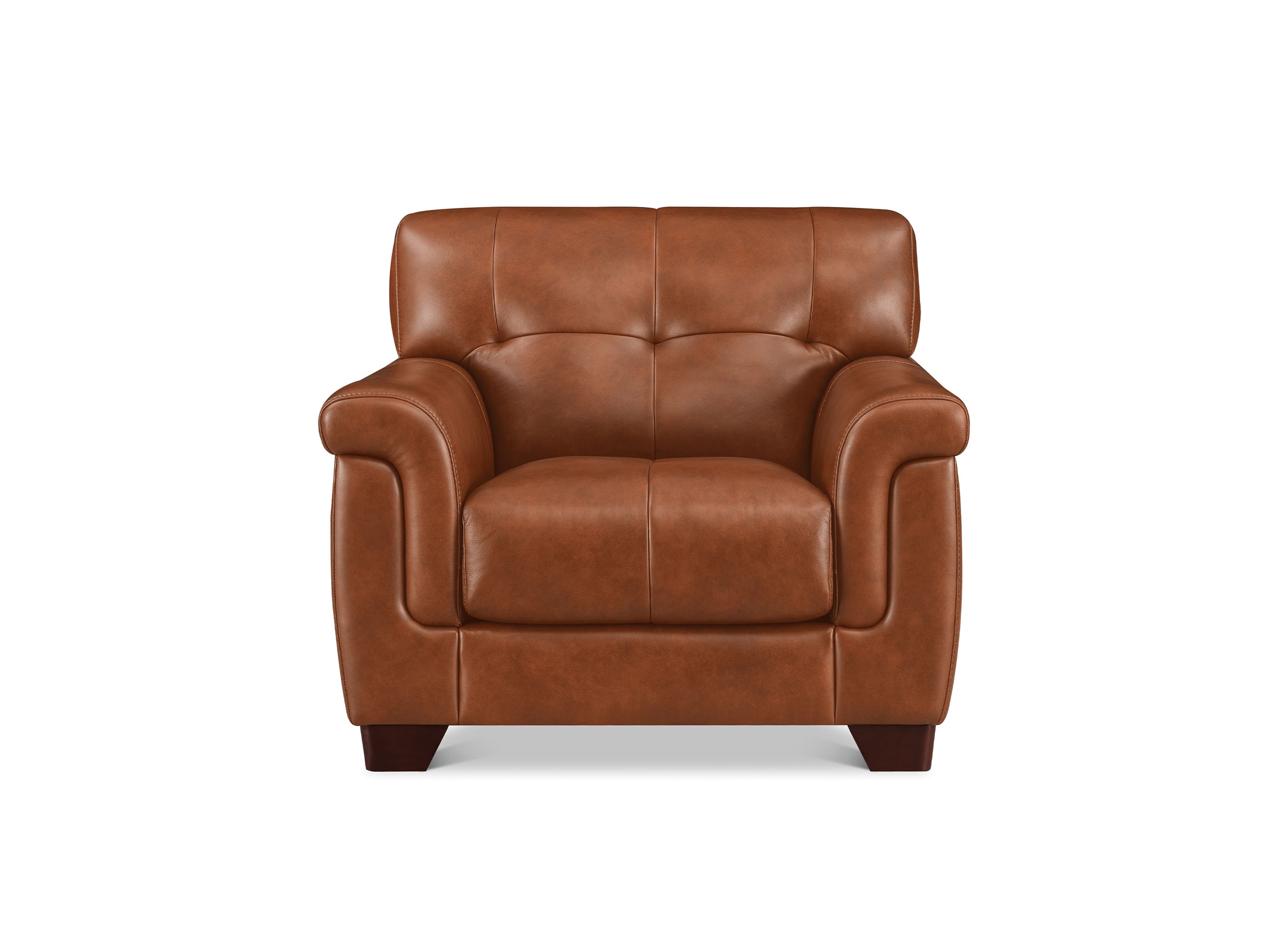 A classic brown leather armchair with tufted back cushions, rolled arms, and dark wooden legs, shown against a plain white background.