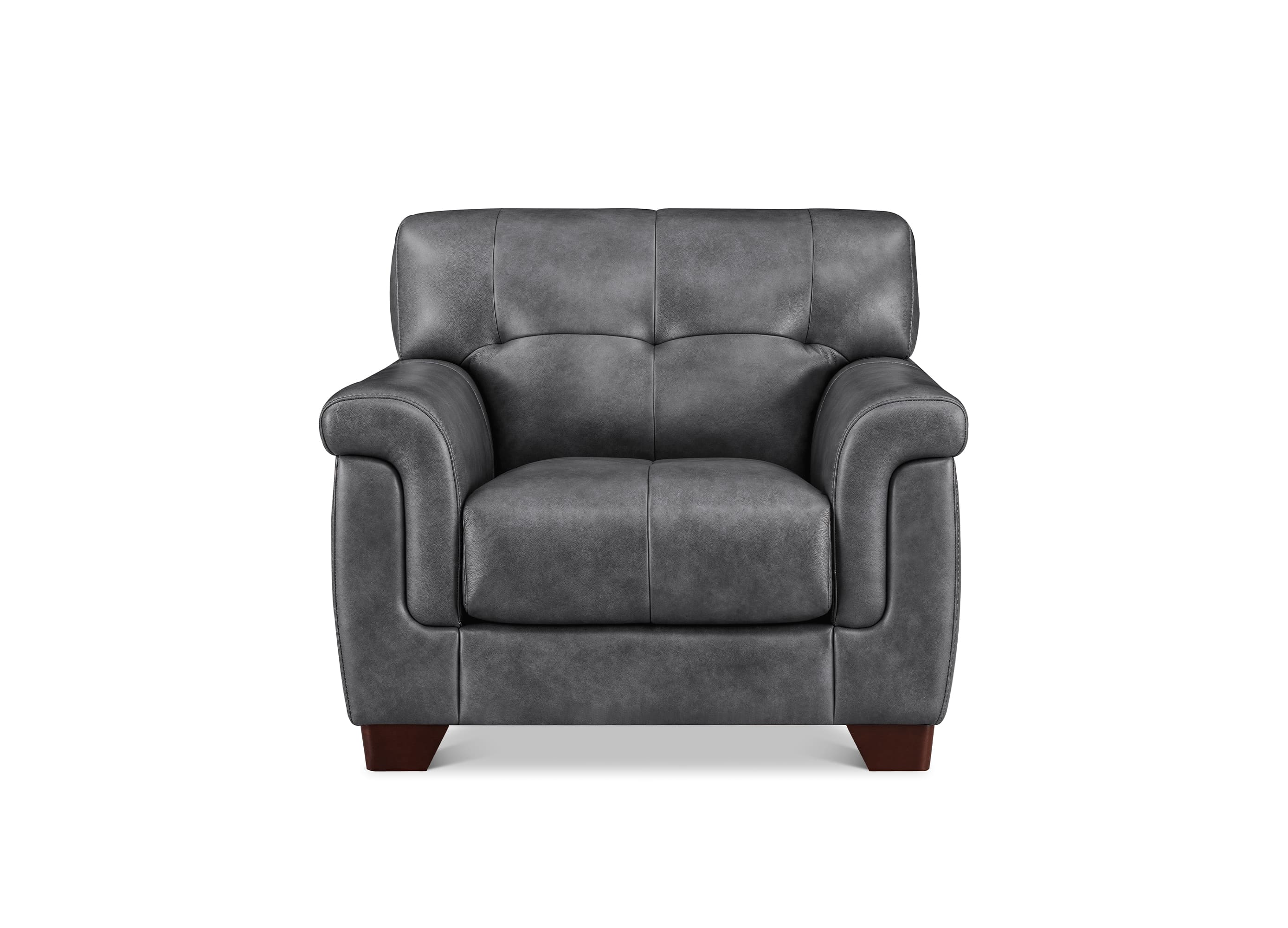 A dark gray upholstered armchair with tufted back cushions, rolled arms, and dark brown wooden legs, shown against a plain white background.