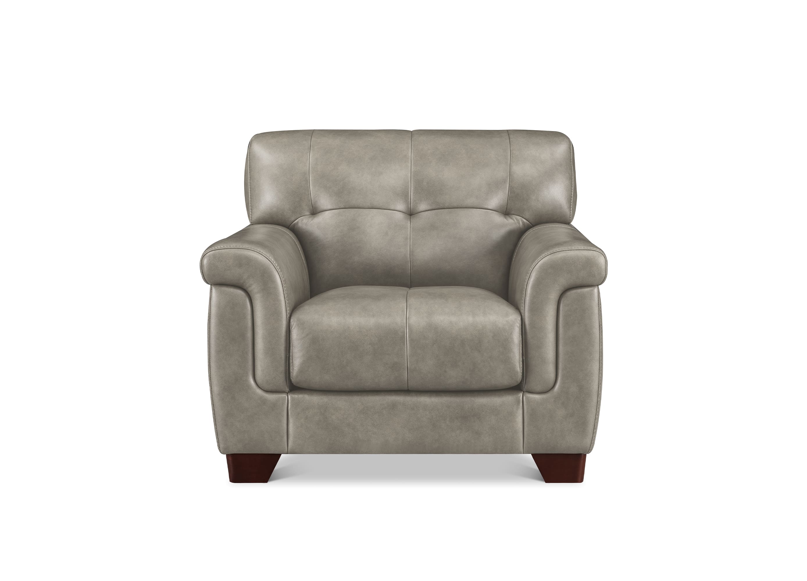 A single upholstered armchair in a light taupe-gray leather or faux leather, featuring tufted button details on the backrest and seat, rolled arms, and dark brown wooden legs, shown against a plain white background.