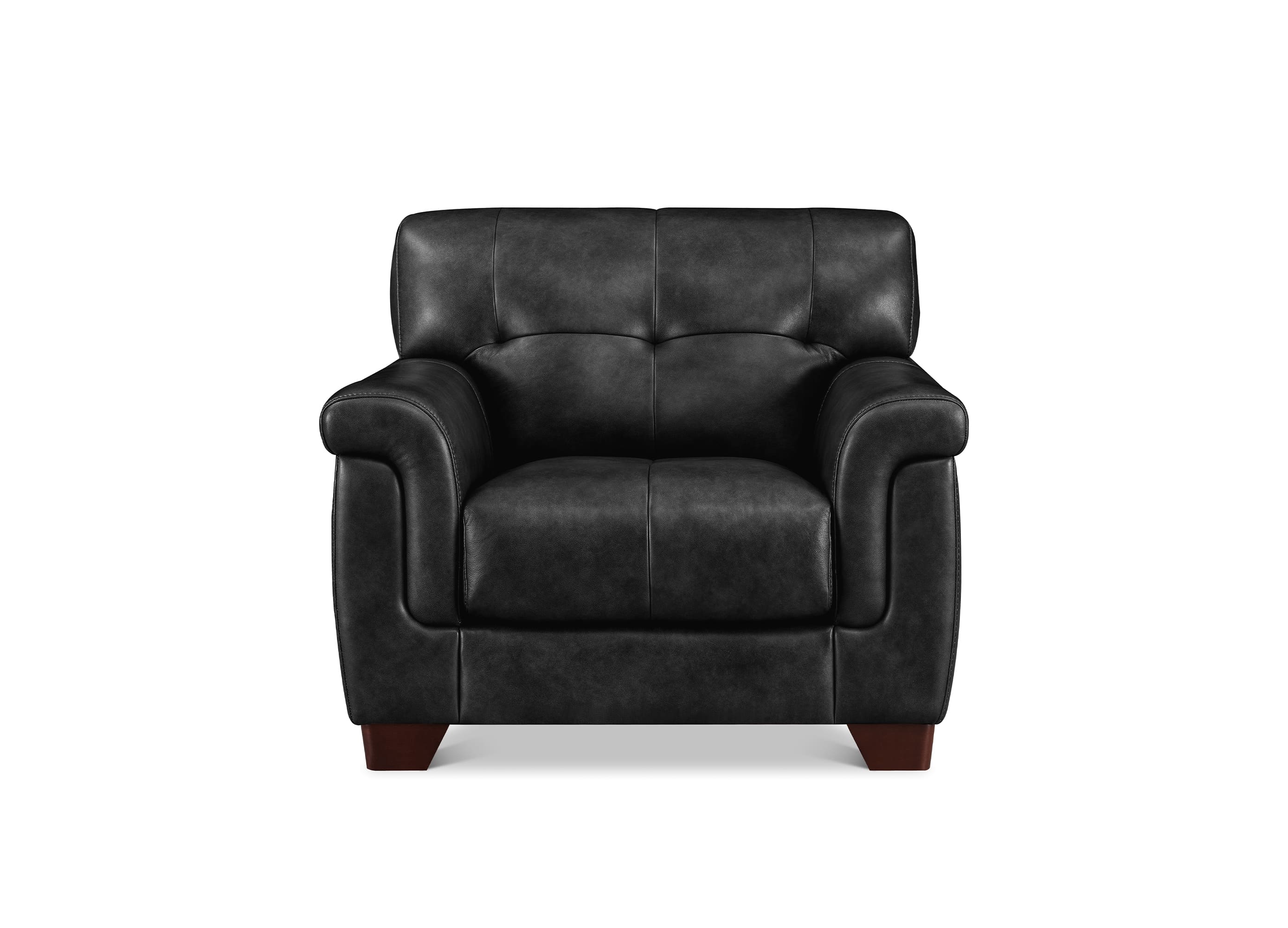 A black leather armchair with tufted back cushions and rolled arms, shown from the front on a plain white background.