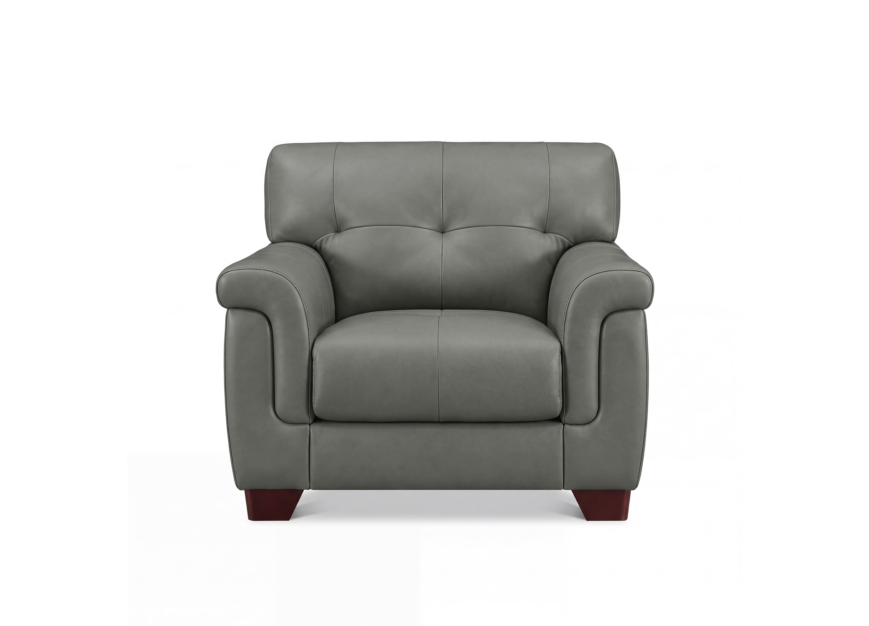 A gray tufted leather chair with rolled arms and short dark wood legs, shown against a plain white background.