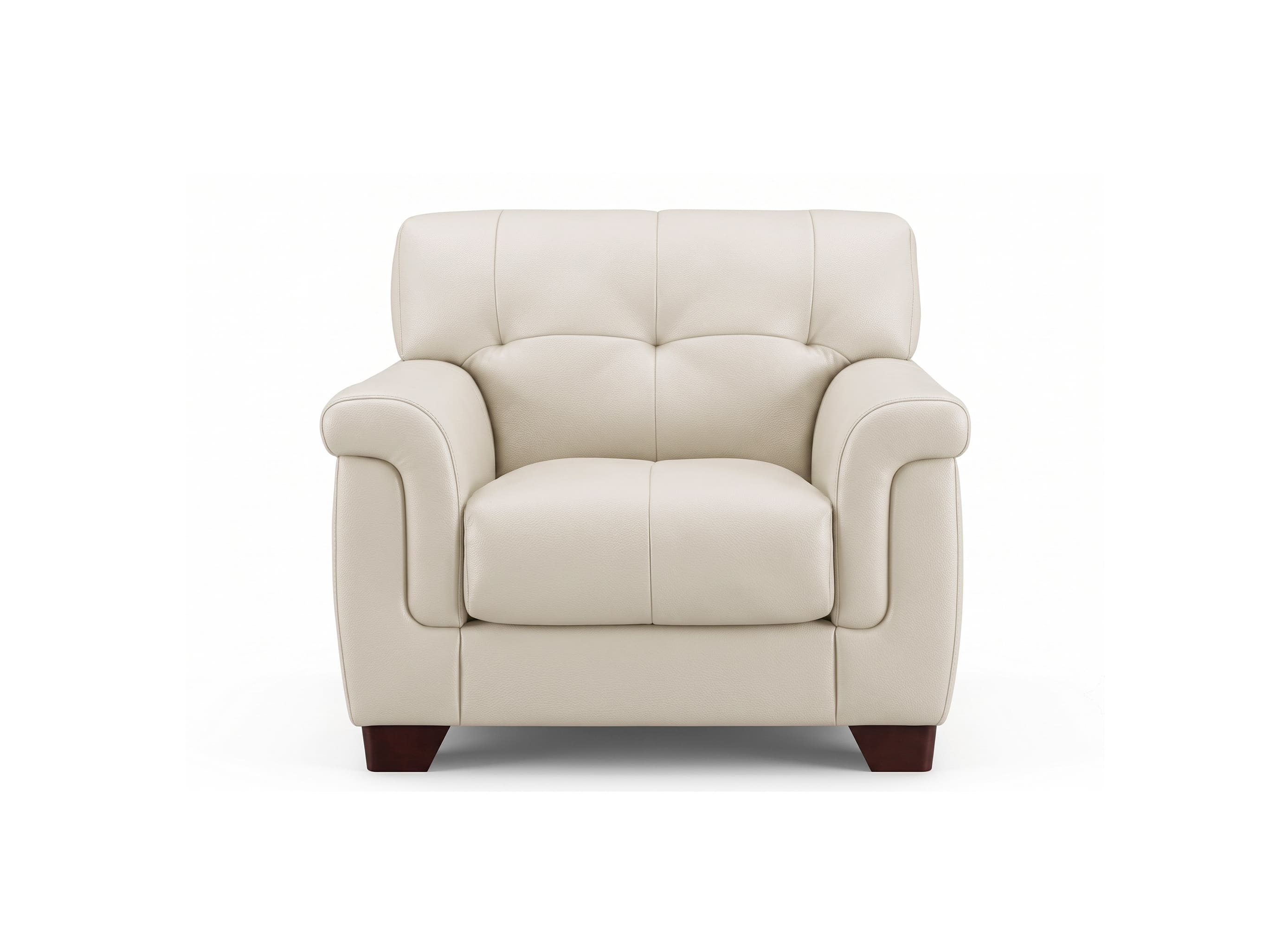 A cream-colored leather armchair with tufted back cushions, rolled arms, and dark brown wooden legs, shown against a plain white background.