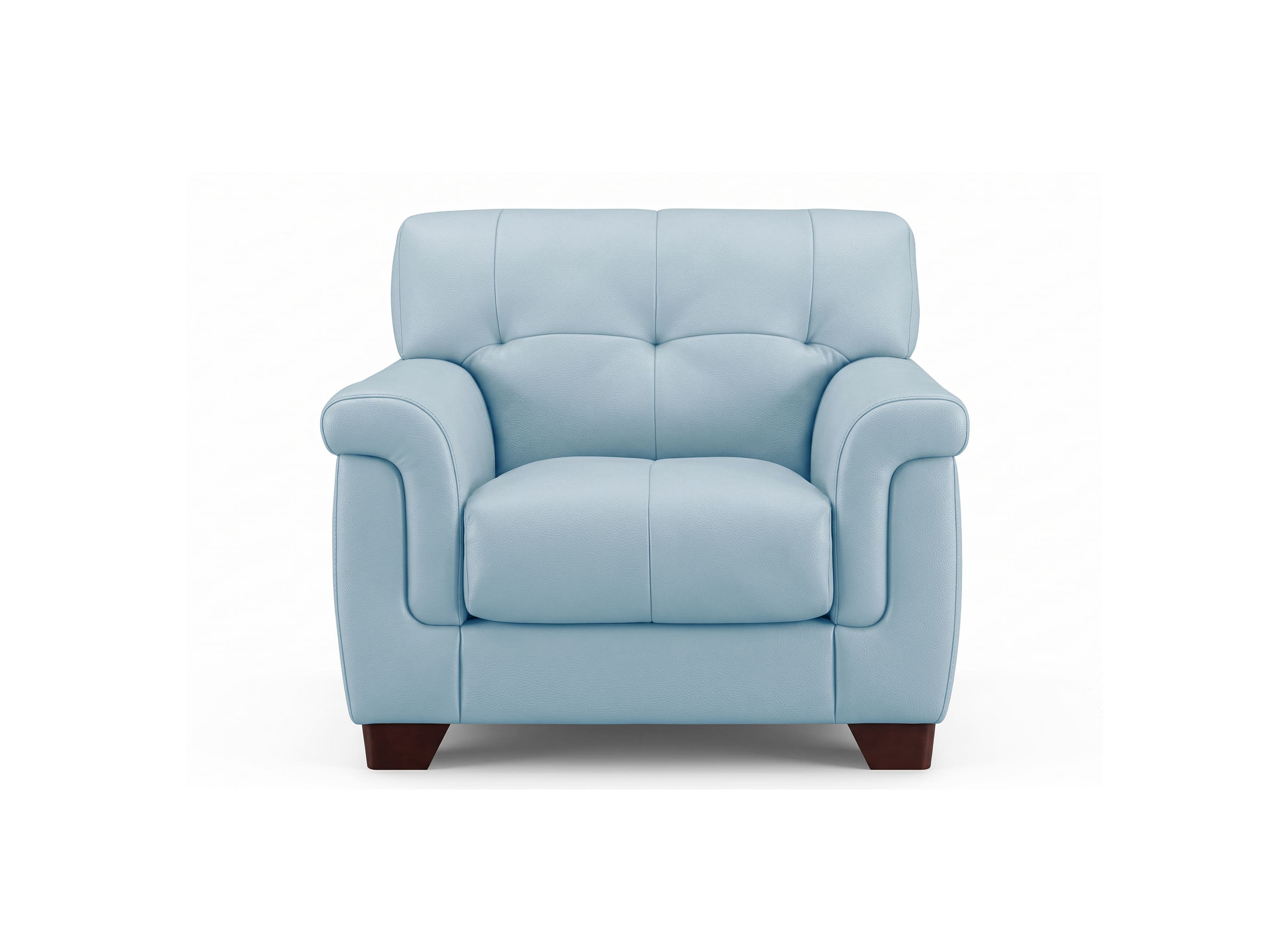 A light blue tufted leather armchair with dark brown wooden legs, shown from a front-facing perspective on a white background.