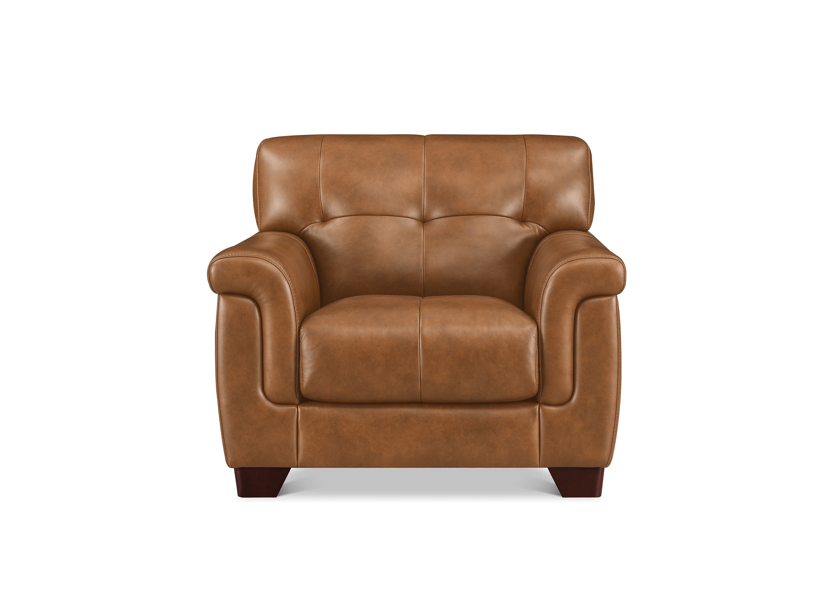 A classic brown leather armchair with tufted back cushions, rolled arms, and dark wooden legs, shown against a plain white background.