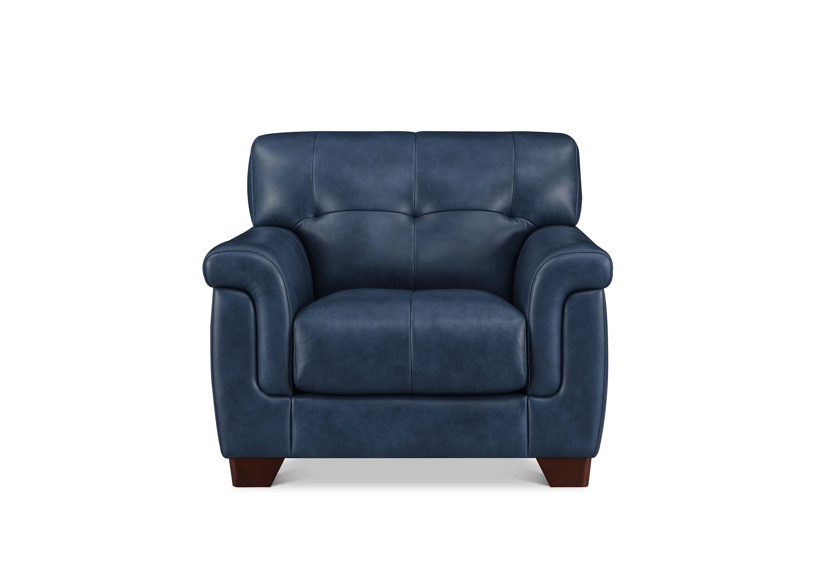 A dark brown leather armchair with tufted back cushions, rolled arms, and dark wooden legs, shown against a plain white background.