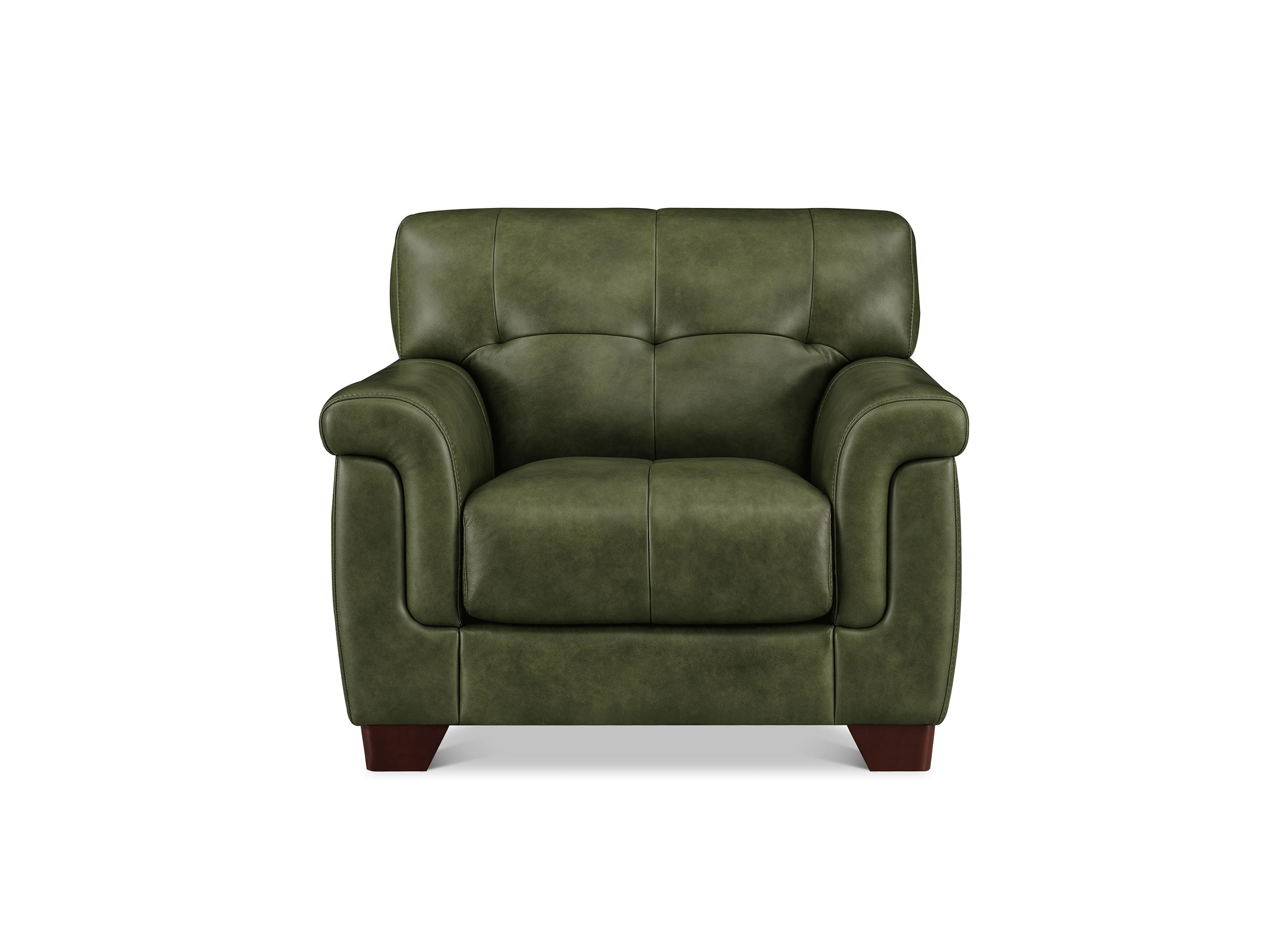 A dark brown leather armchair with tufted back cushions, rolled arms, and dark wooden legs, shown against a plain white background.