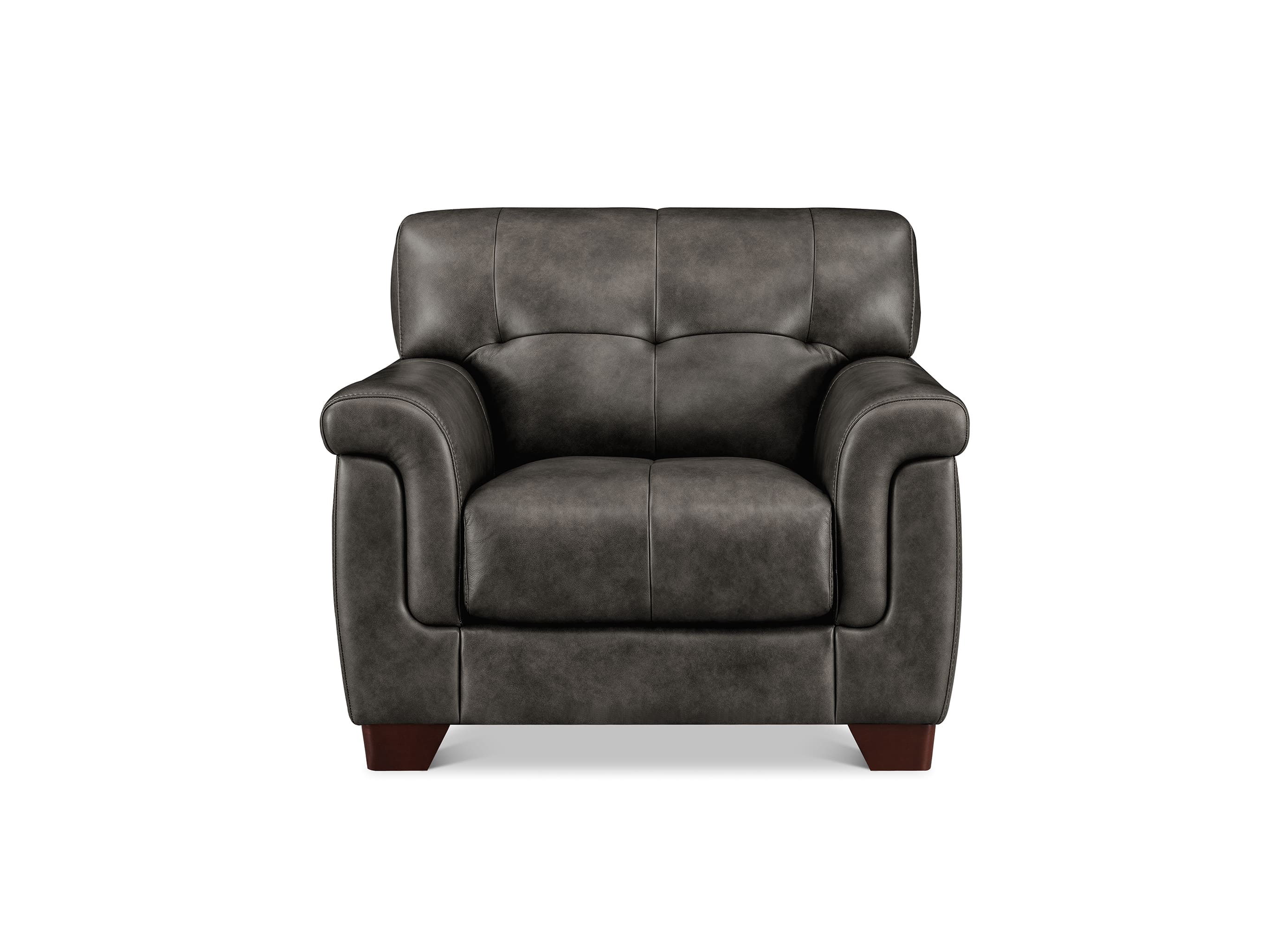 A dark brown leather armchair with tufted back cushions, rolled arms, and dark wooden legs, shown against a plain white background.