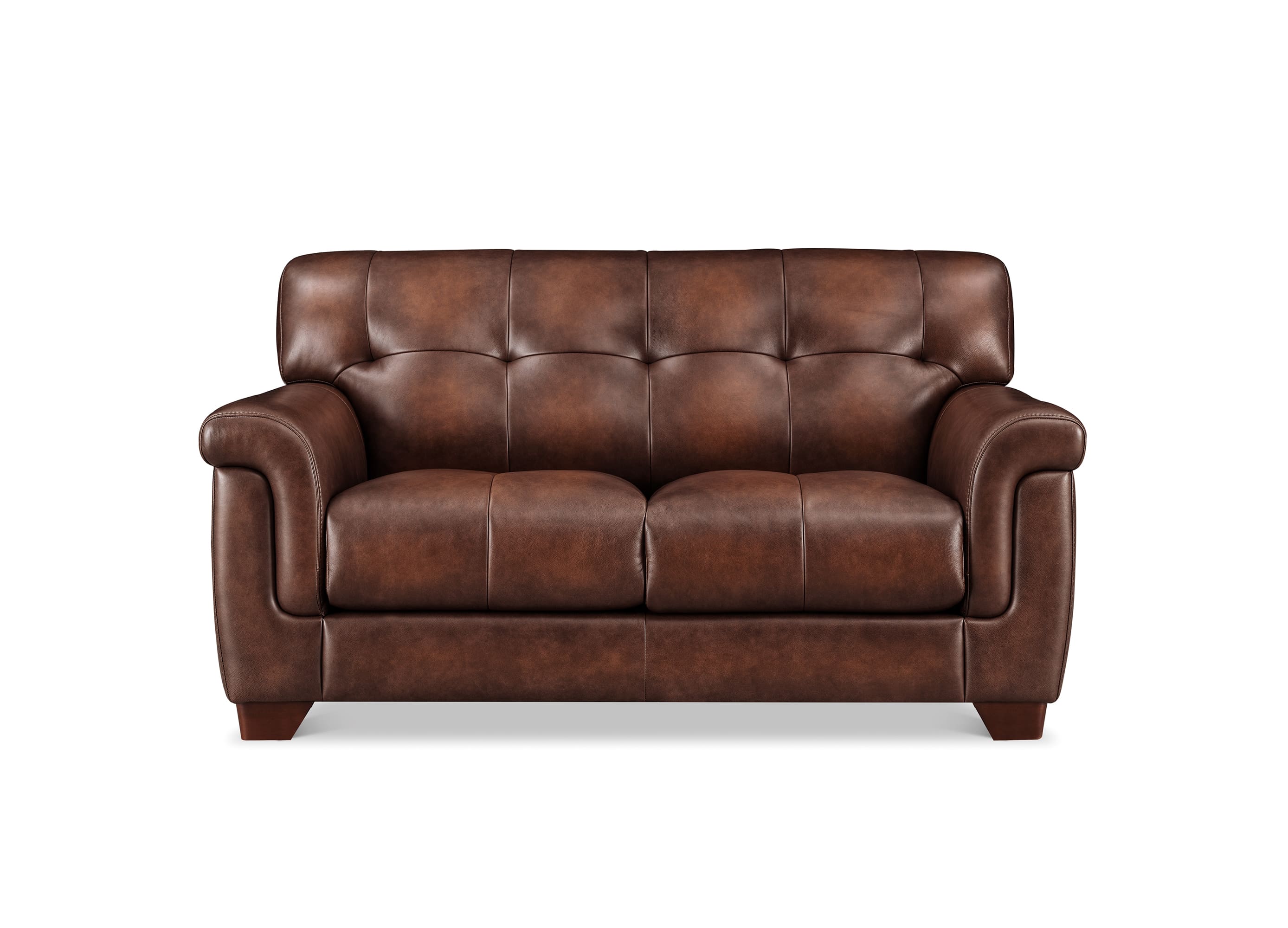 A brown leather loveseat sofa with tufted button details on the backrest and seat cushions, shown against a plain white background.