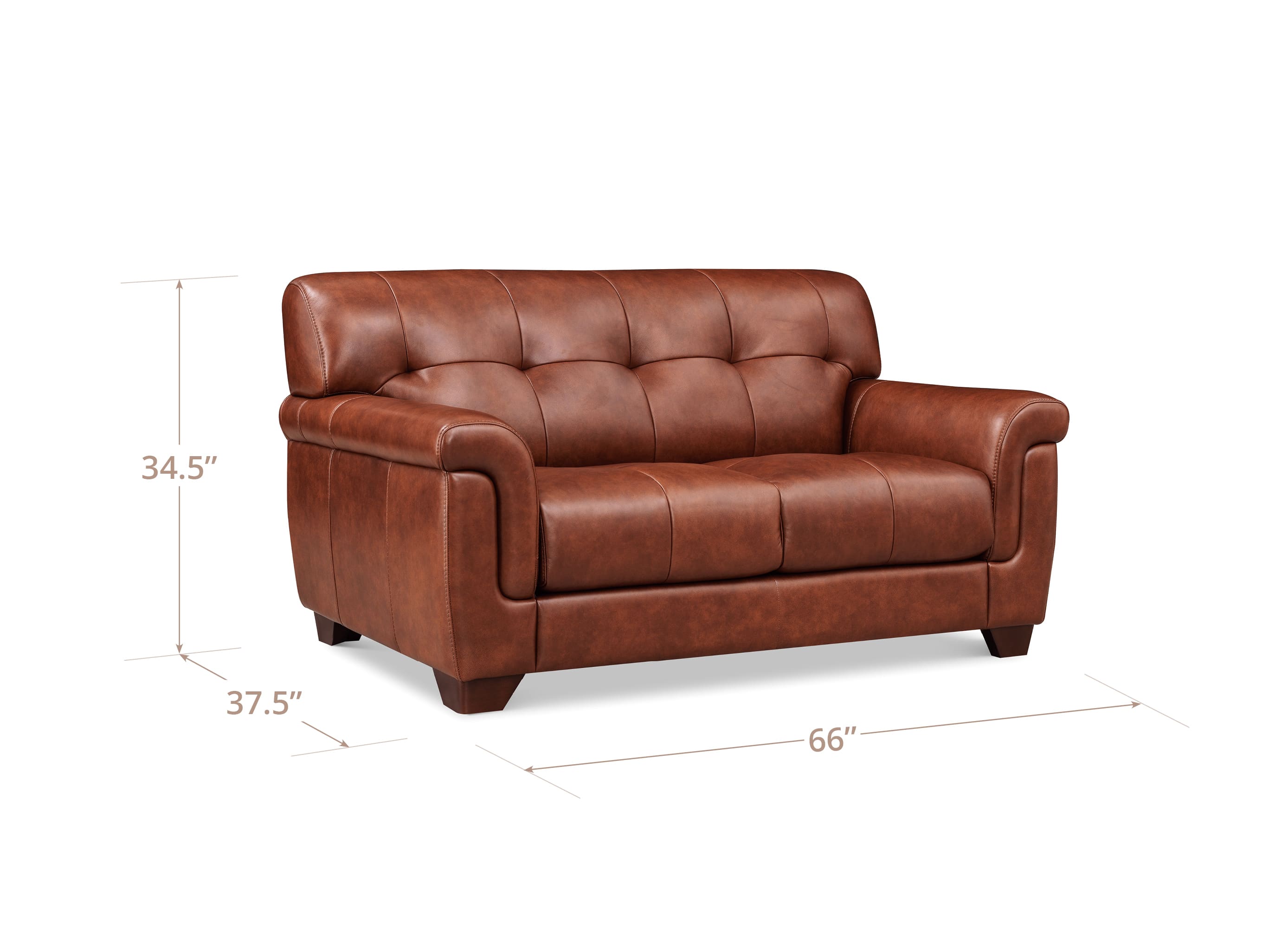 A brown leather loveseat sofa on a white background with dimension lines and labels showing height 34.5 inches, width 37.