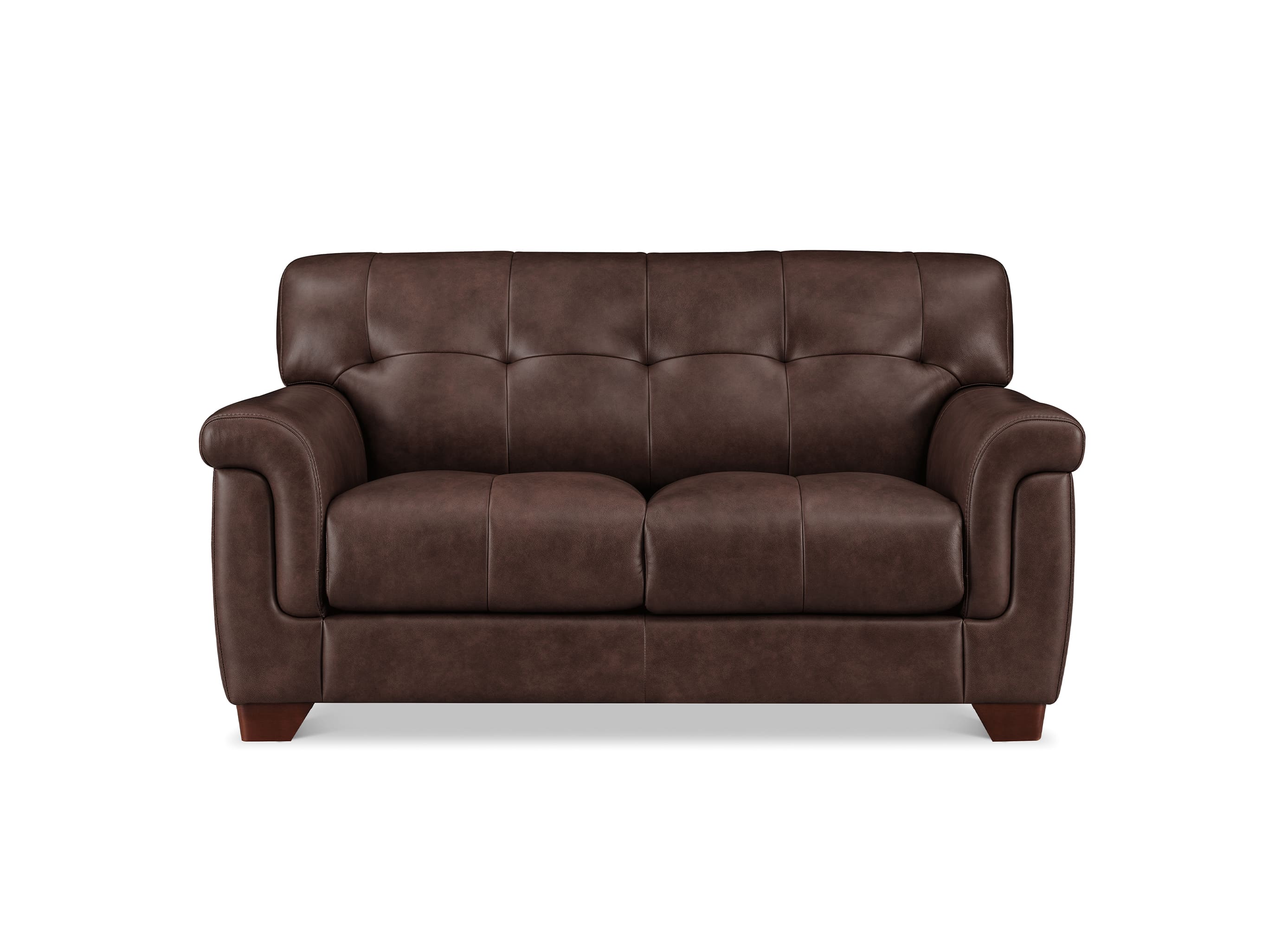 A dark brown tufted leather loveseat sofa with rolled arms and wooden legs, shown against a plain white background.