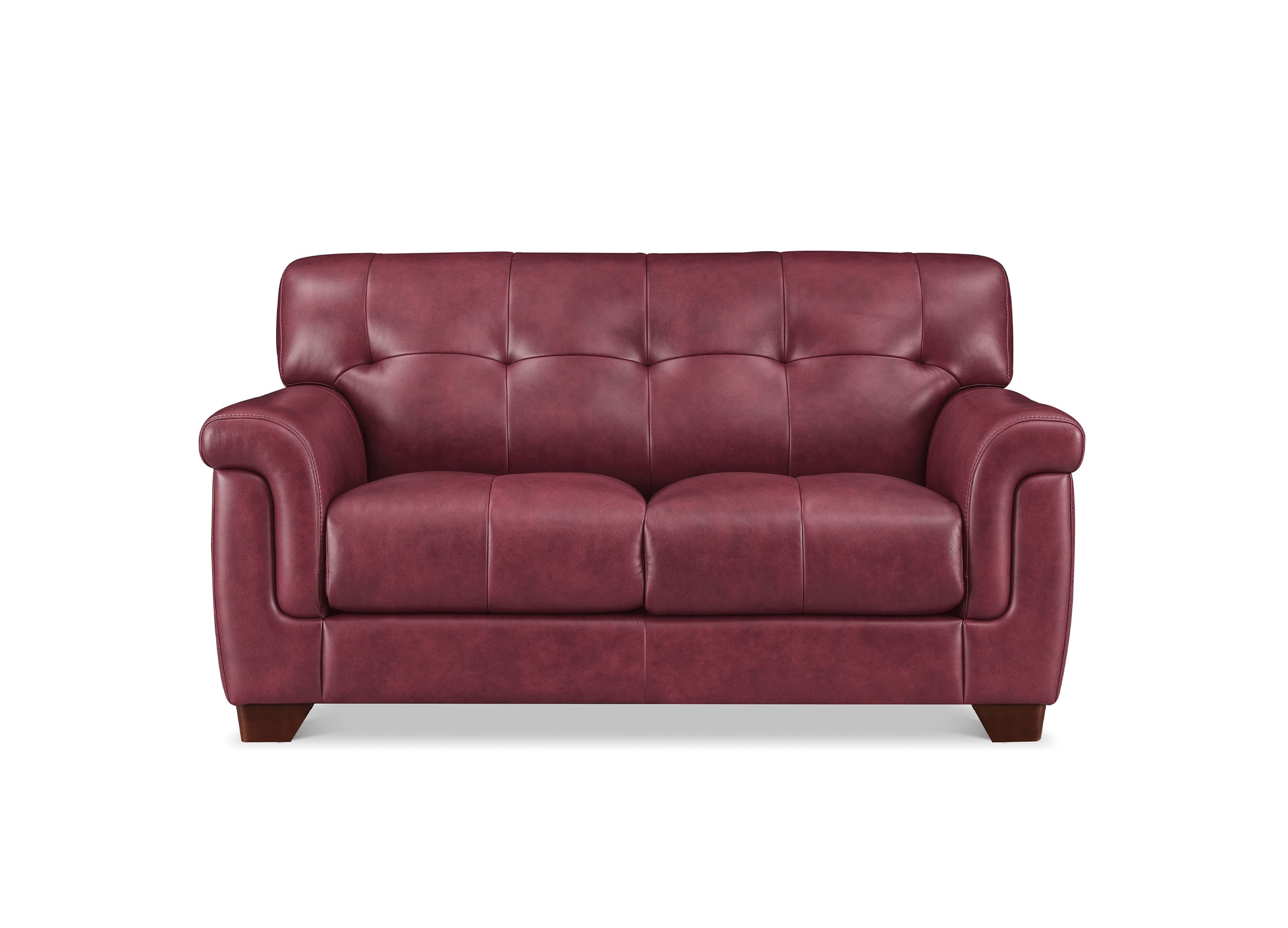 A three-seat tufted loveseat sofa upholstered in burgundy leather, shown from a front-facing perspective on a solid white background.