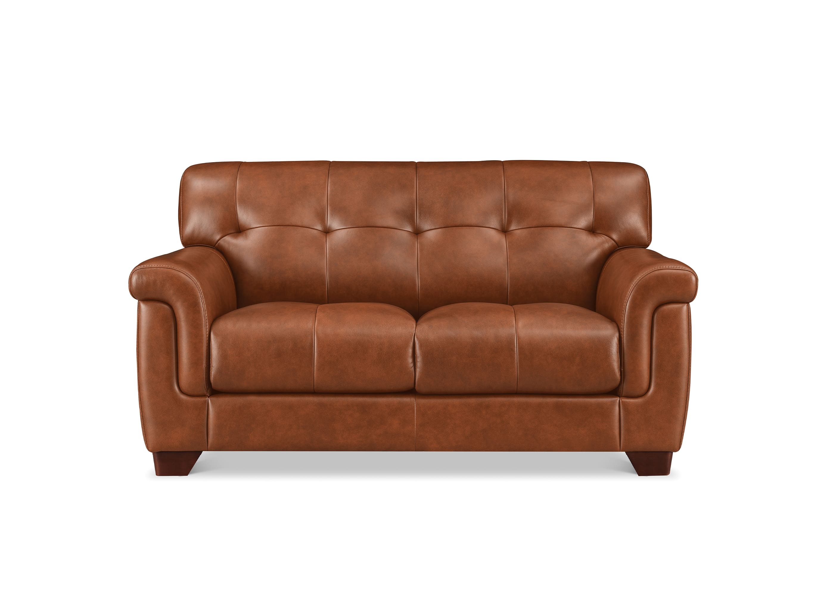 A brown leather loveseat sofa with tufted button details on the backrest and seat, featuring rolled arms and dark wooden legs, shown against a plain white background.