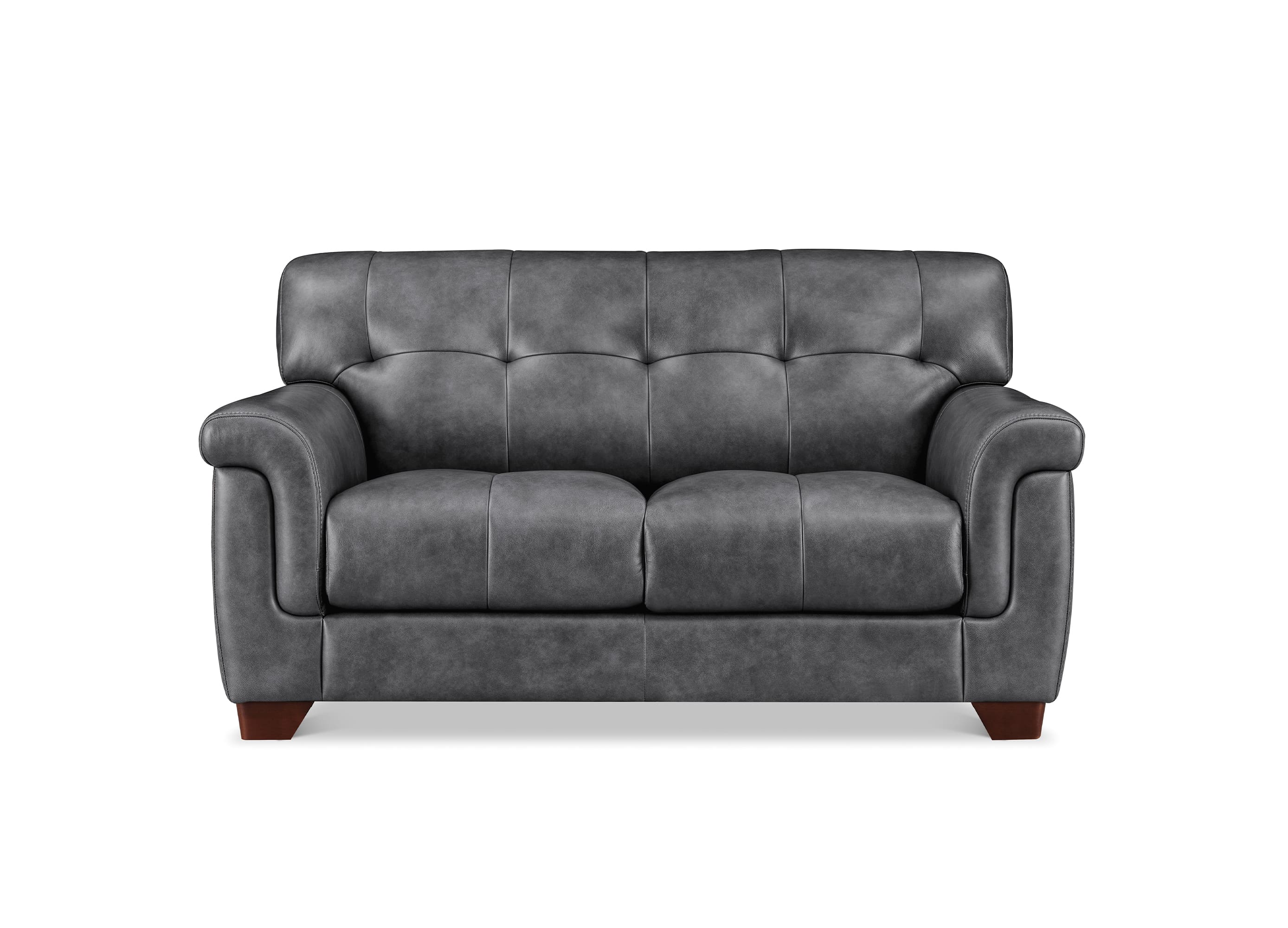A dark gray tufted leather loveseat sofa with rolled arms and dark brown wooden legs, shown against a plain white background.