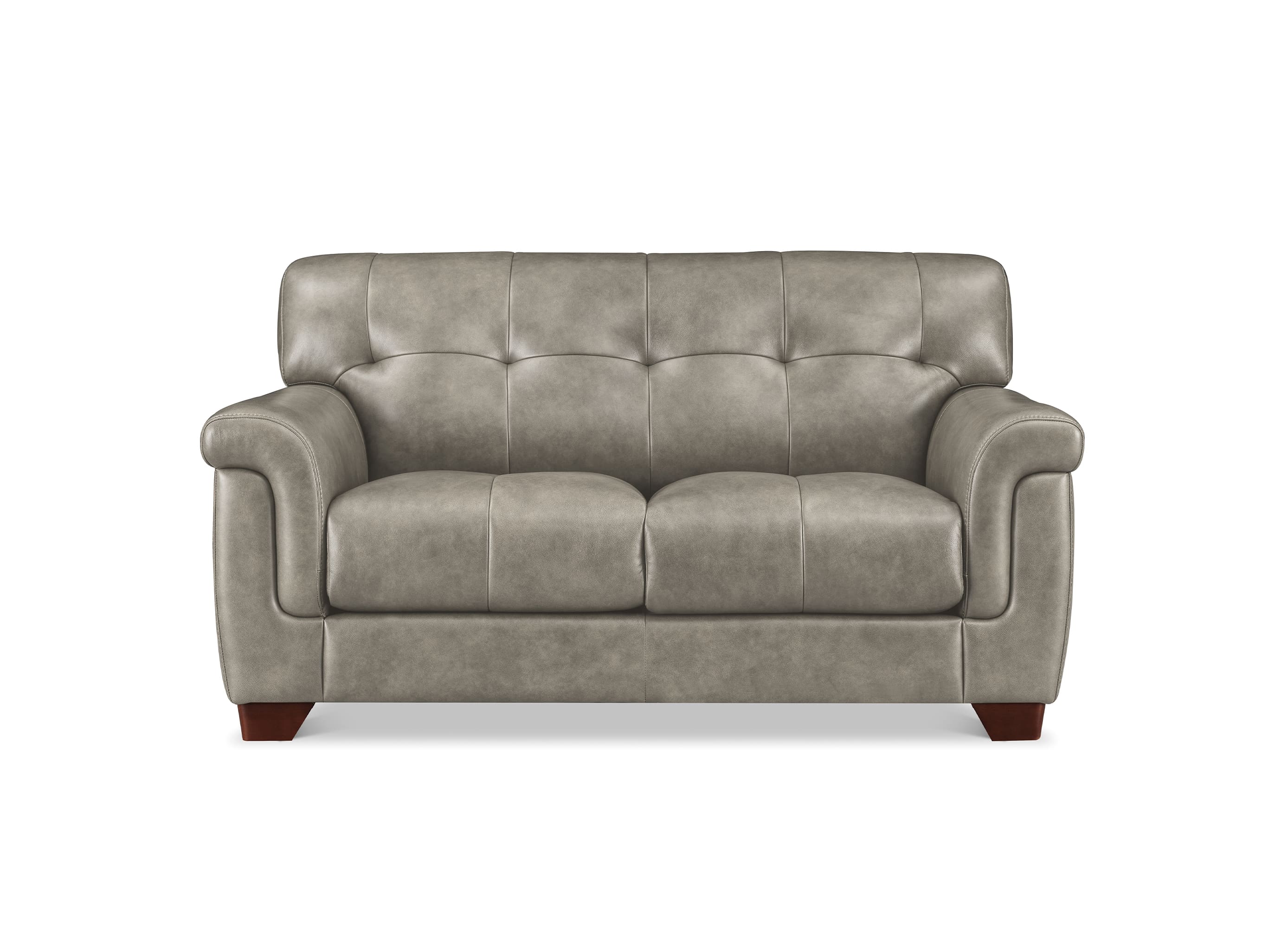 A gray tufted loveseat sofa with rolled arms and dark brown wooden feet, shown against a plain white background.