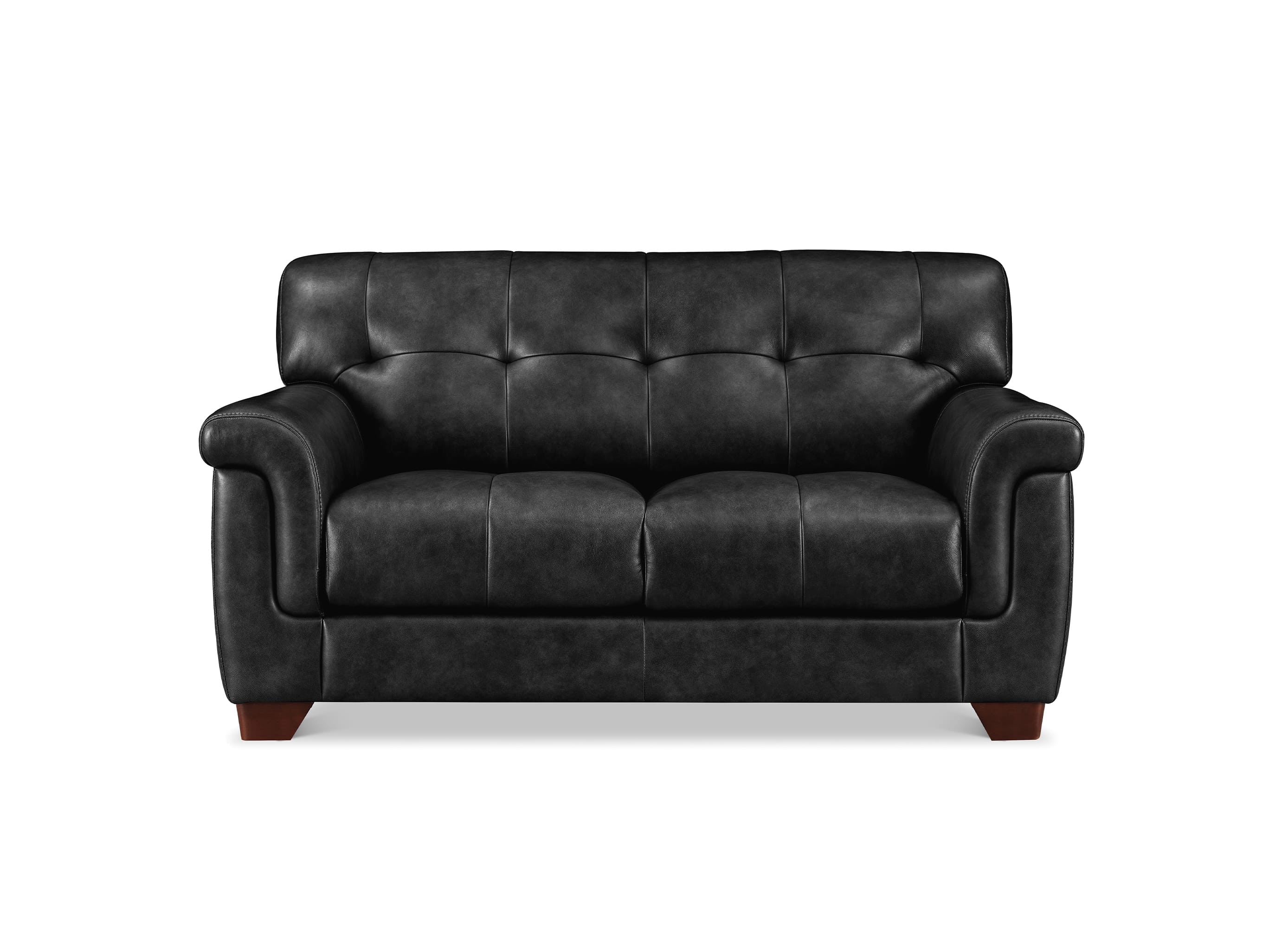 A black leather loveseat sofa with tufted button detailing on the backrest and seat, featuring rolled arms and dark brown wooden feet, shown against a plain white background.
