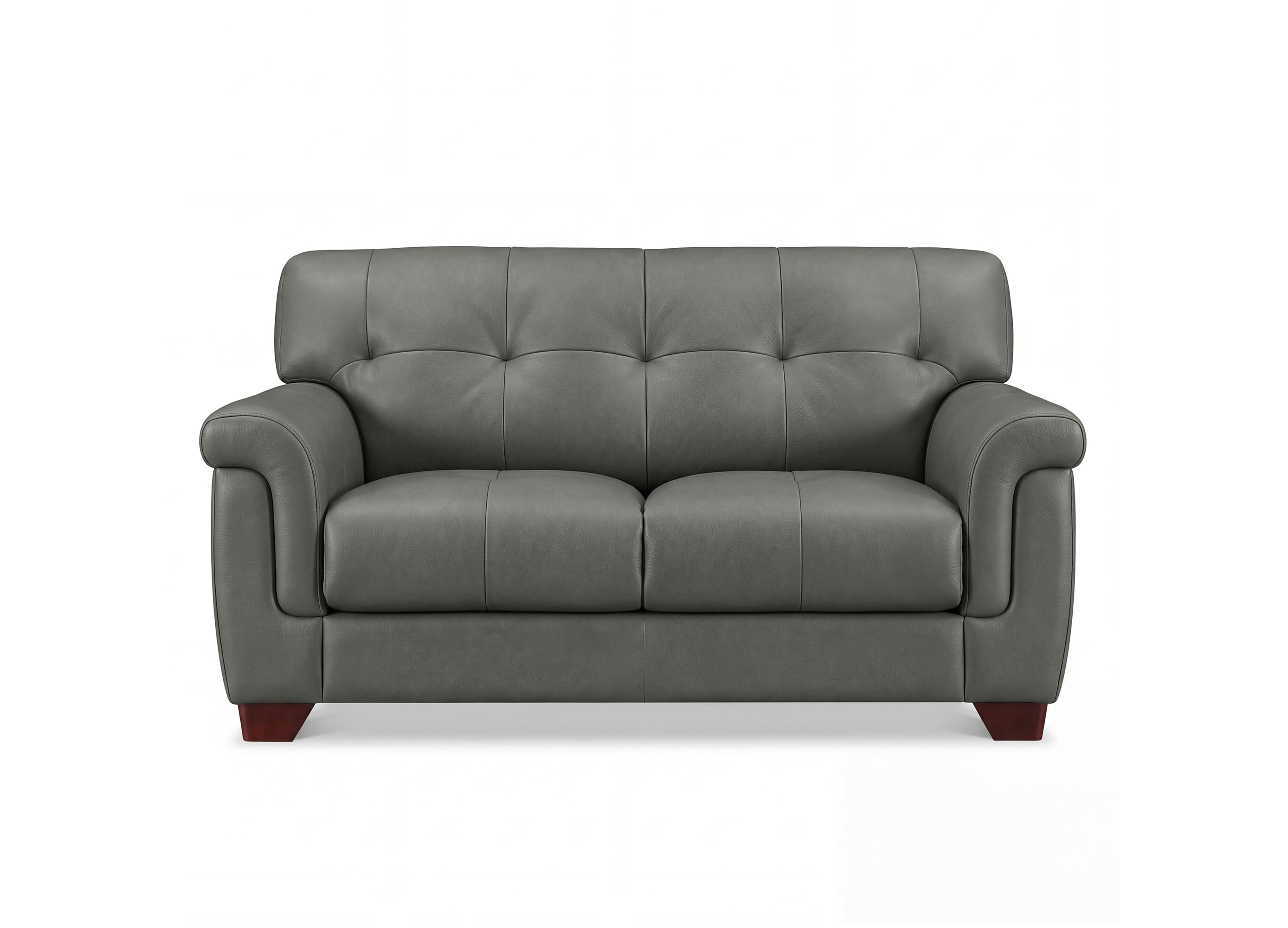 A gray tufted leather loveseat with rolled arms and short dark wood legs, shown against a plain white background.