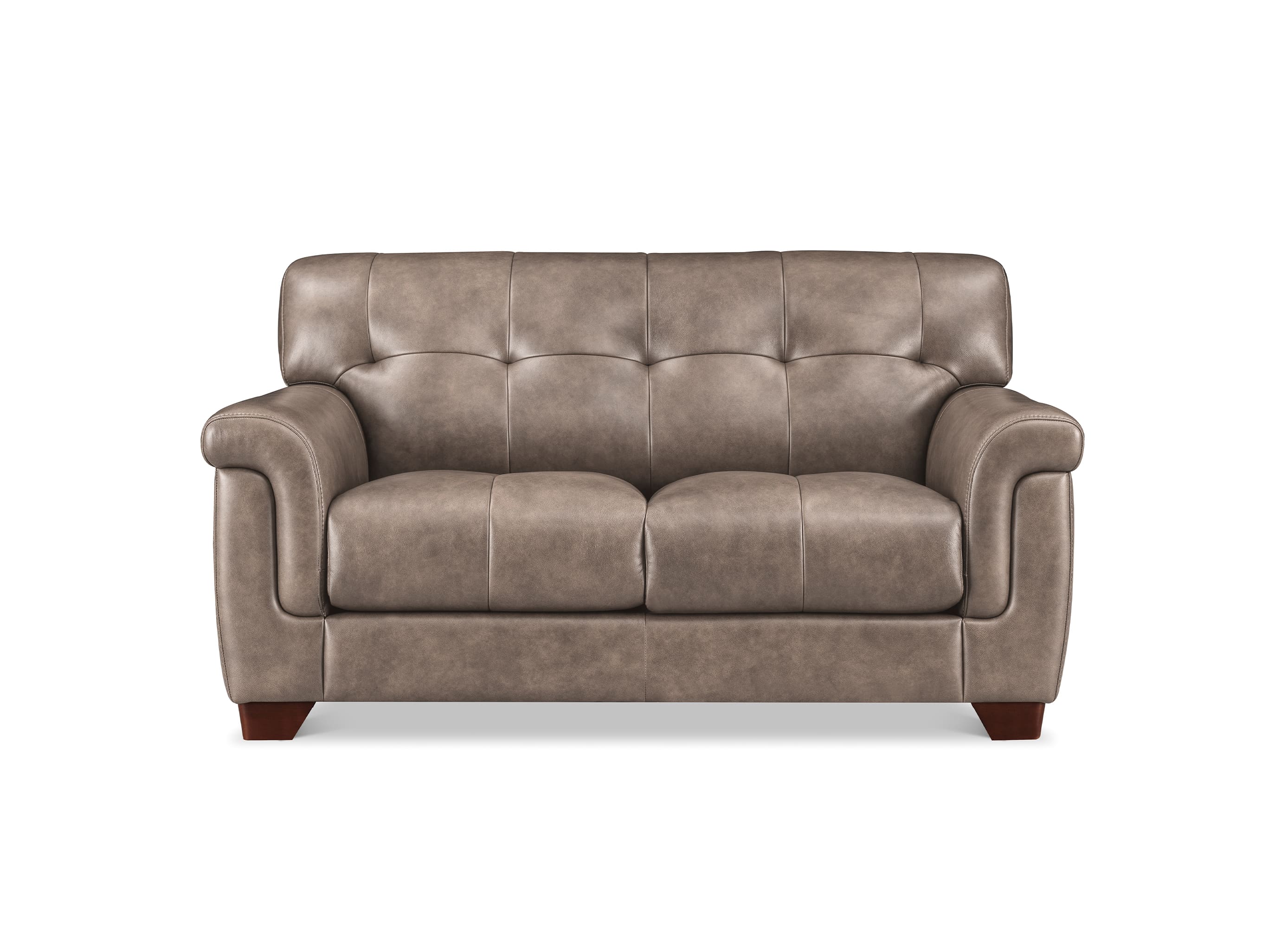 A three-seat tufted loveseat sofa upholstered in taupe faux leather, featuring rolled arms and dark brown wooden legs, shown against a plain white background.