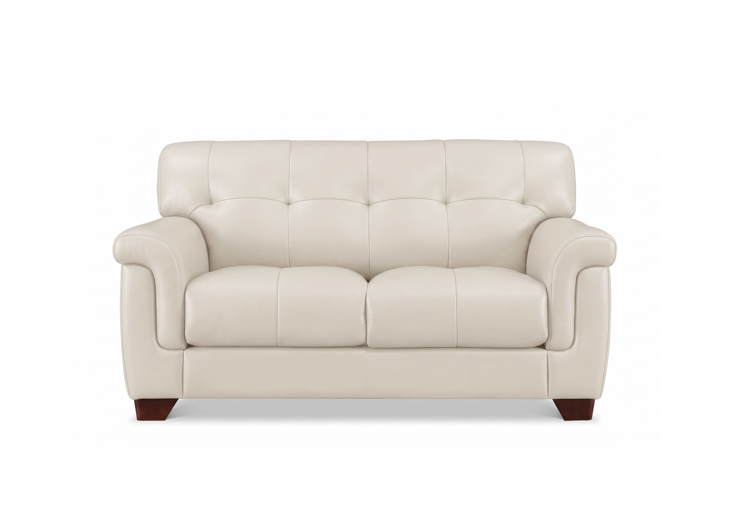 A cream-colored leather loveseat sofa with tufted back cushions and rolled arms, shown against a plain white background.