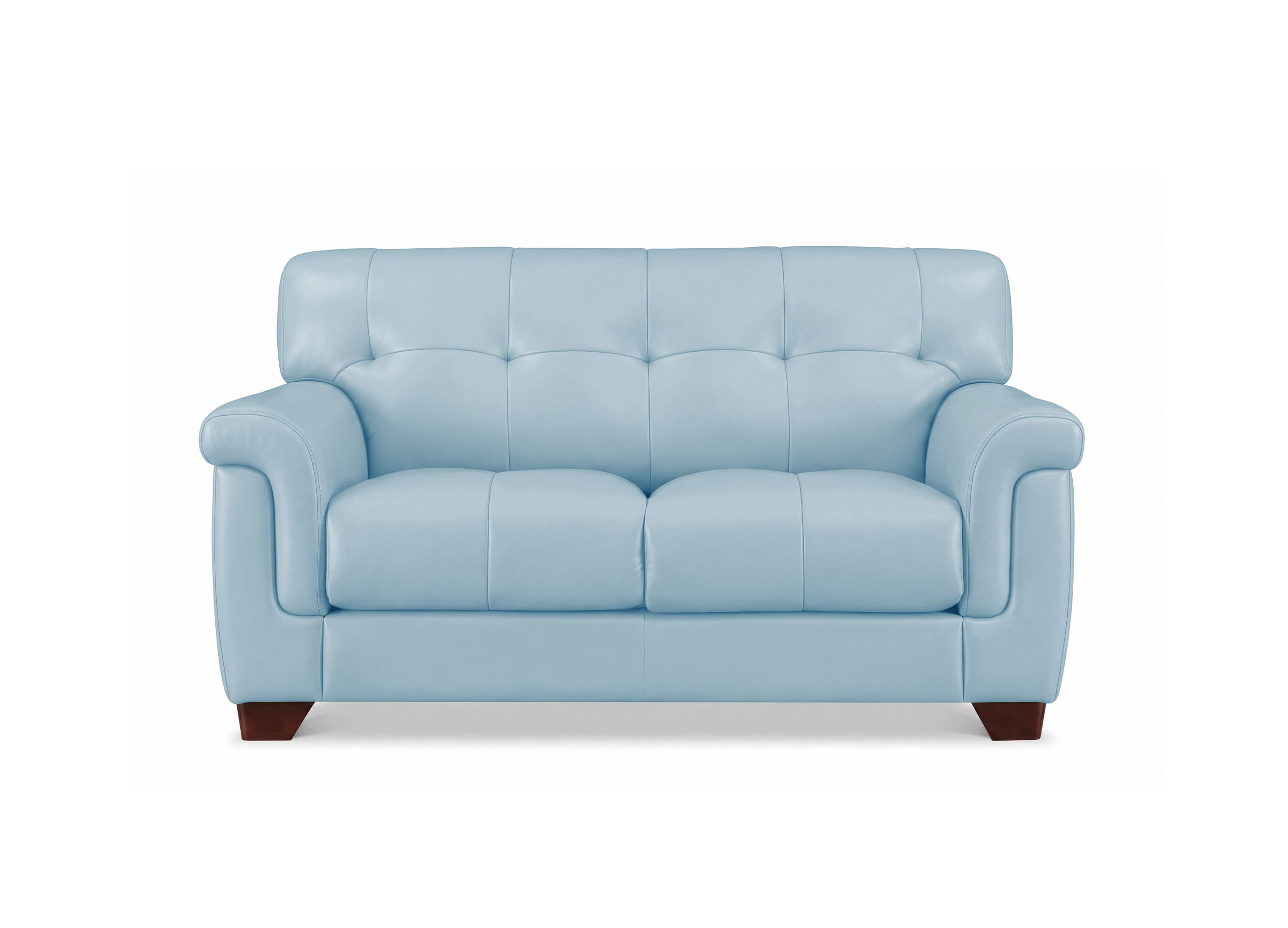 A light blue tufted leather loveseat sofa with dark brown wooden feet, shown from a front-facing perspective on a solid white background.