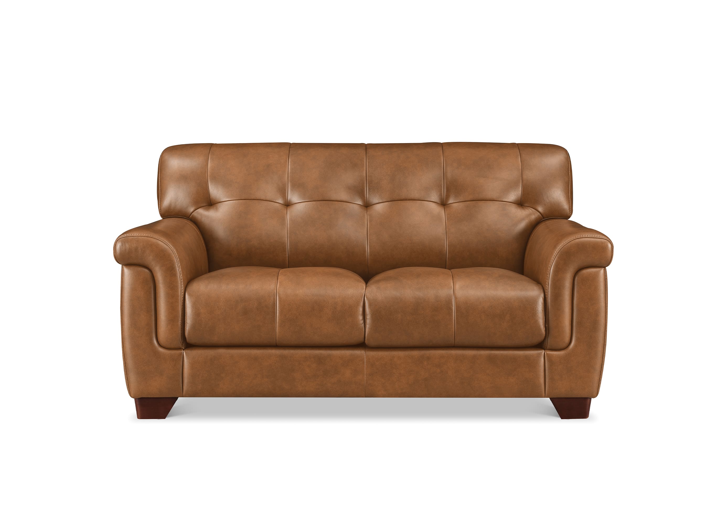 A brown leather loveseat sofa with tufted back cushions, rolled arms, and dark wooden legs, shown against a plain white background.