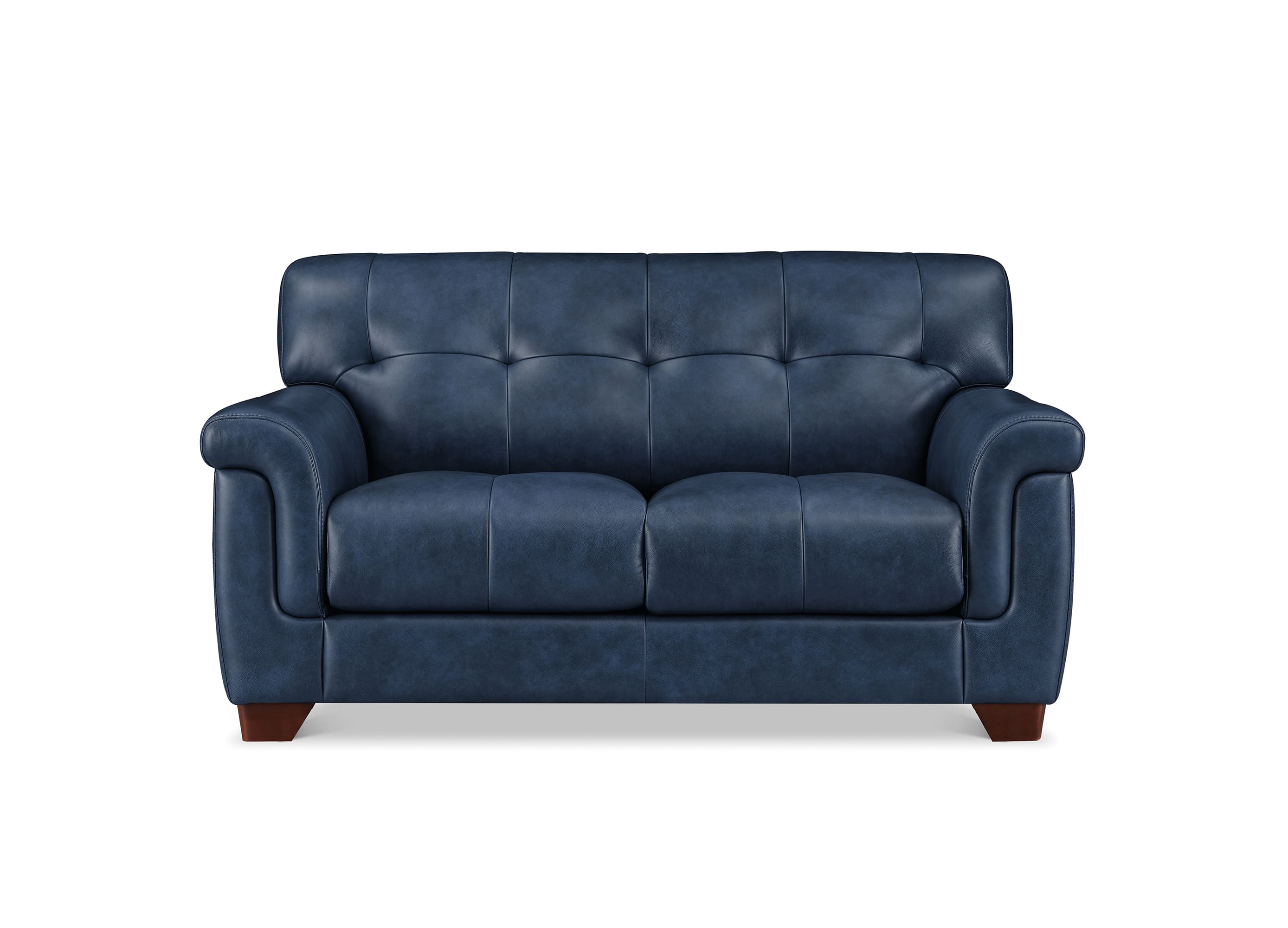 A navy blue tufted loveseat sofa with rolled arms and dark brown wooden legs, shown against a plain white background.