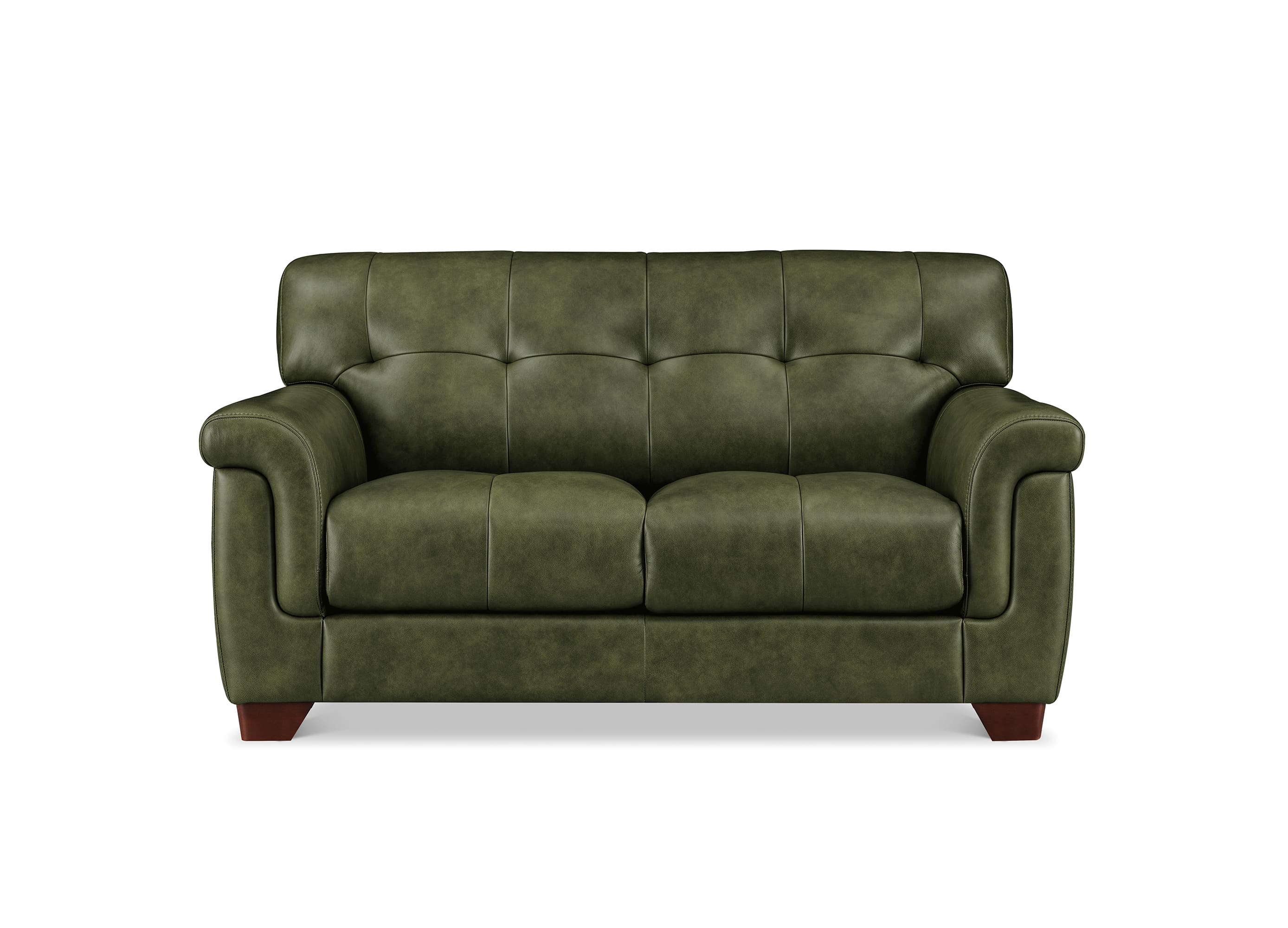 An olive green tufted loveseat sofa with rolled arms and dark brown wooden feet, shown against a plain white background.