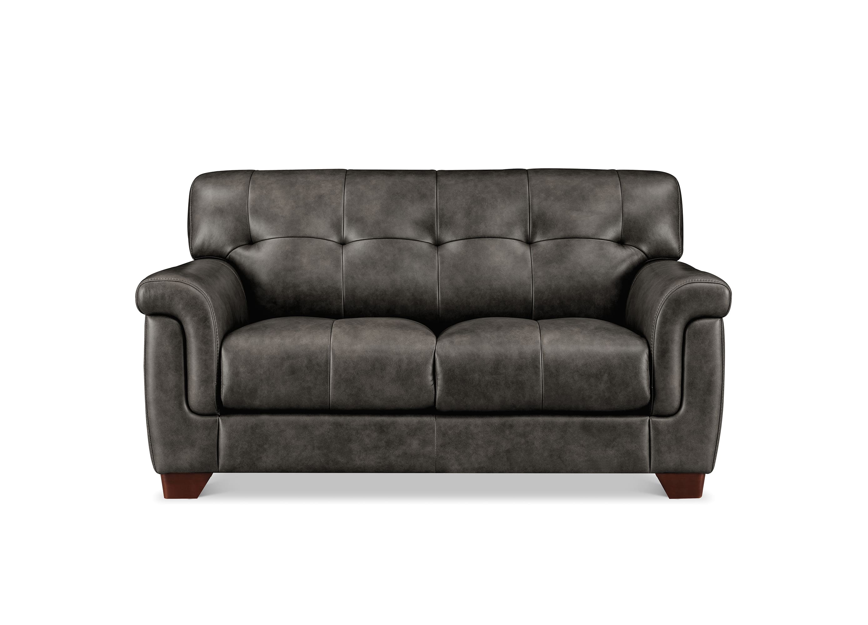 A dark gray tufted leather loveseat sofa with rolled arms and short dark wood legs, shown against a plain white background.