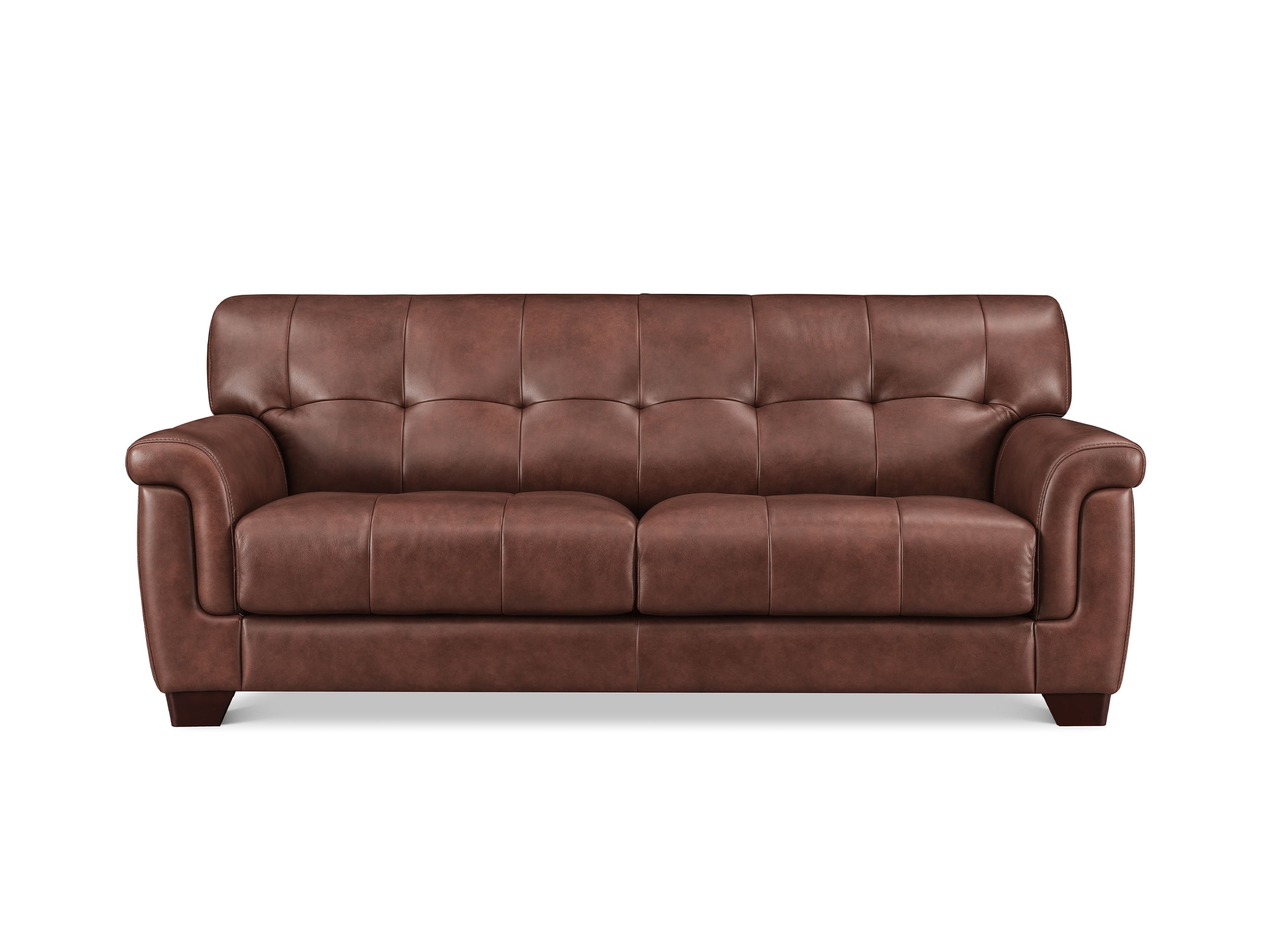 A three-seater tufted leather sofa in a taupe brown color, shown from a front-facing perspective on a solid white background.