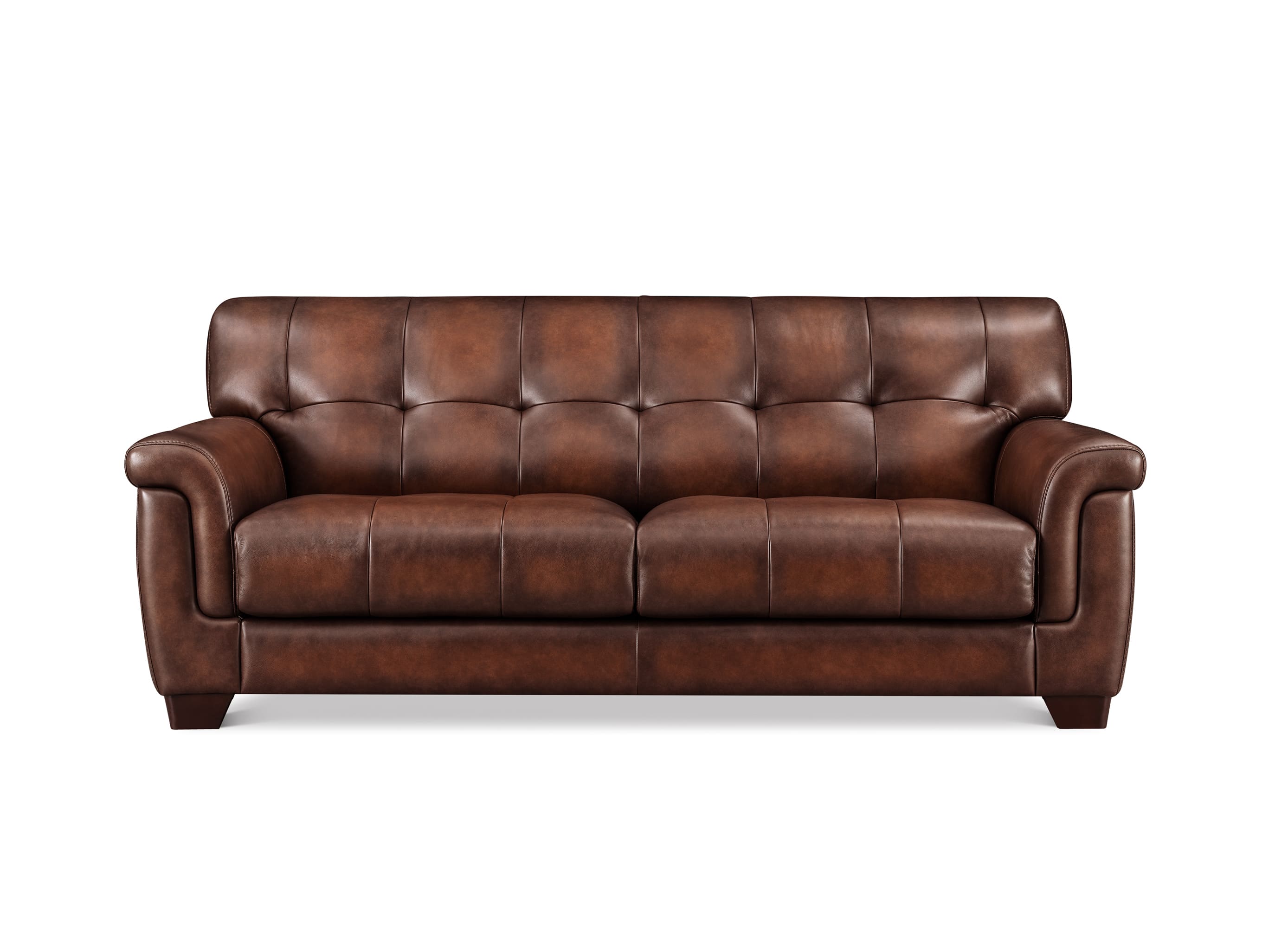 A brown leather loveseat sofa with a tufted backrest and seat cushions, shown from the front on a plain white background.
