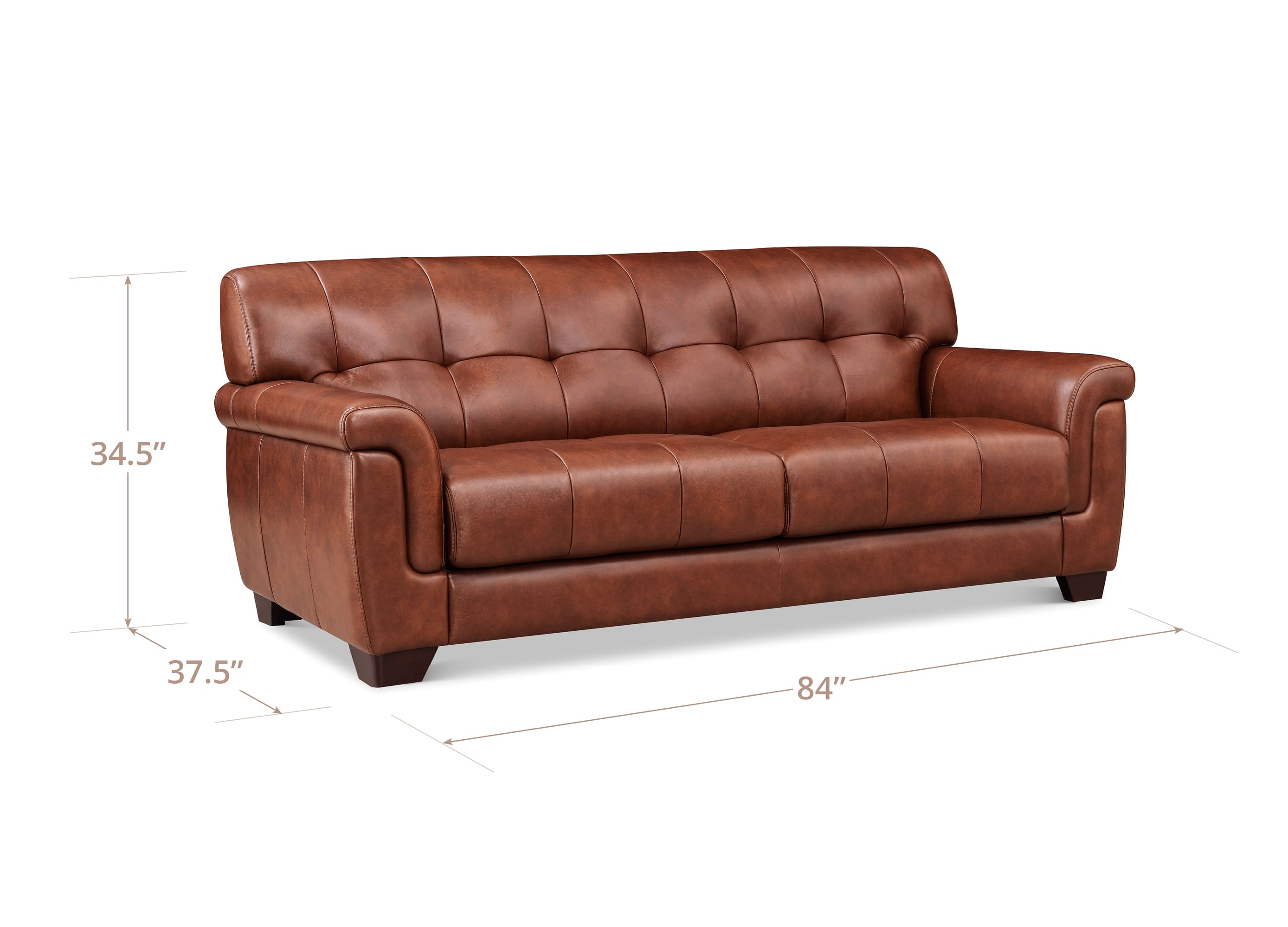 Brown leather sofa with dimensions on a white background