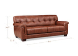 Brown leather sofa with dimensions on a white background
