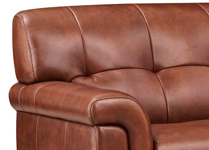Close-up of a brown leather sofa with visible stitching