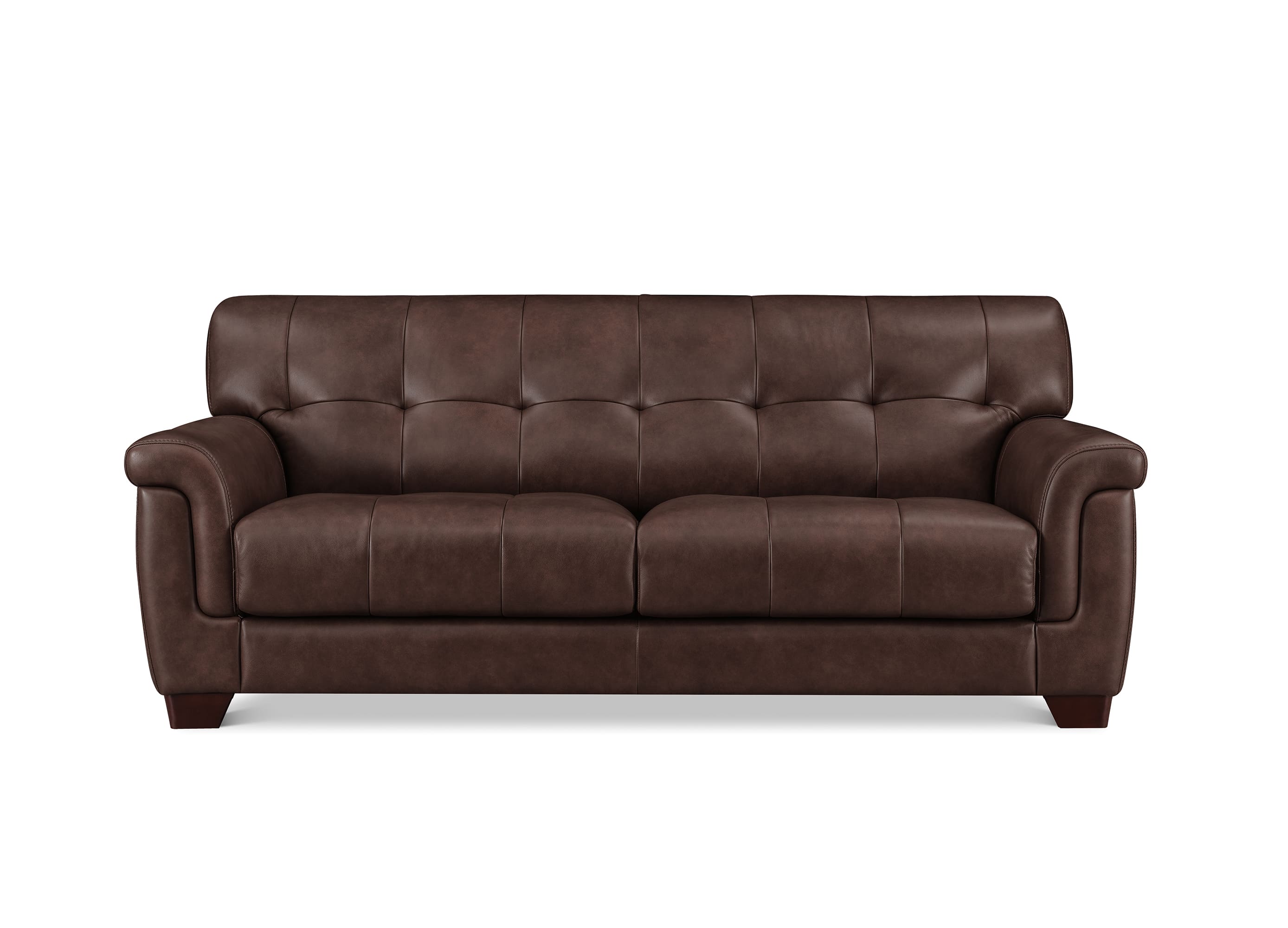A dark brown leather loveseat sofa with tufted button details on the backrest and seat cushions, shown against a plain white background.