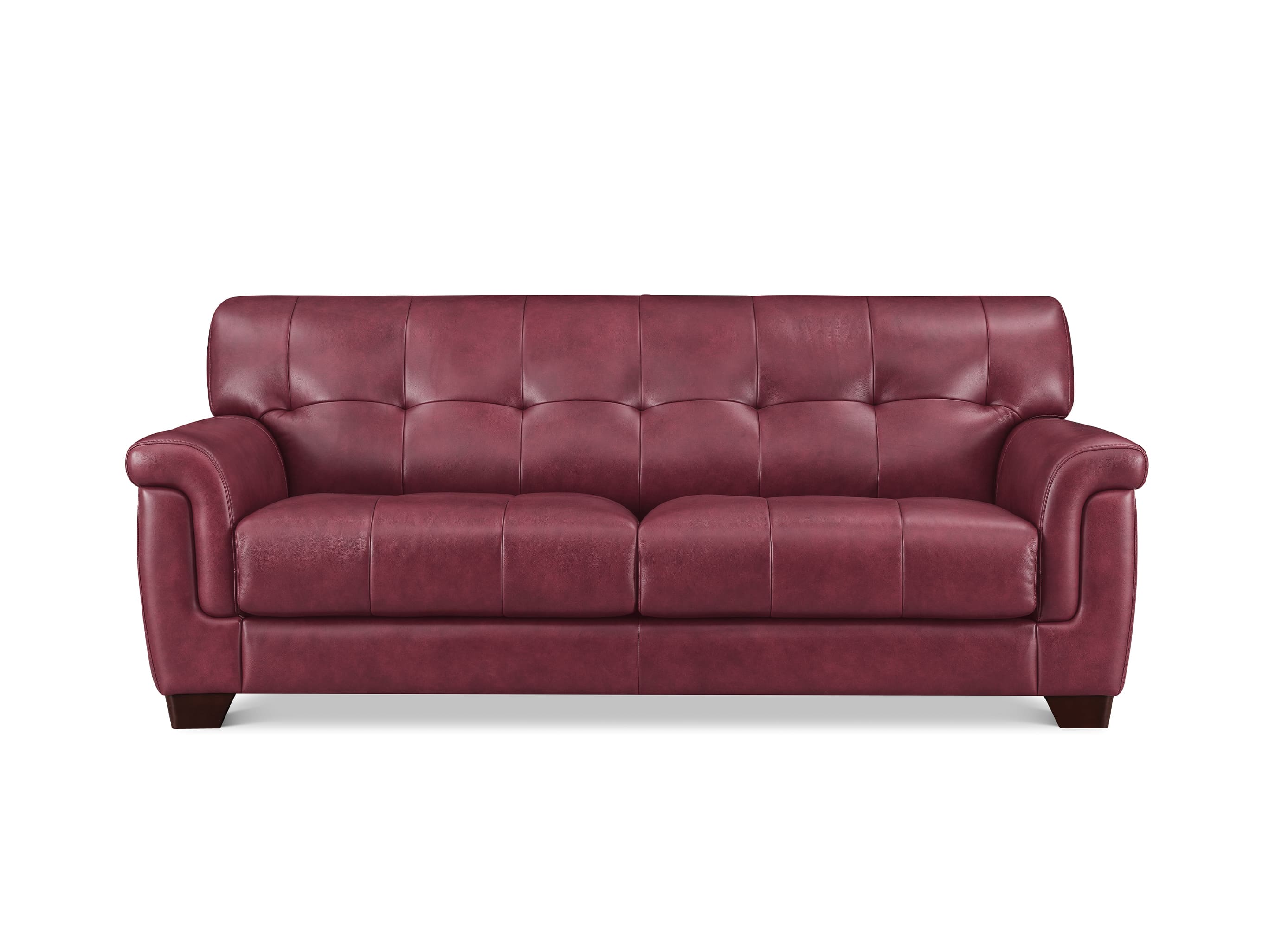A three-seater tufted leather sofa in a deep red, shown from a front-facing perspective against a plain white background.