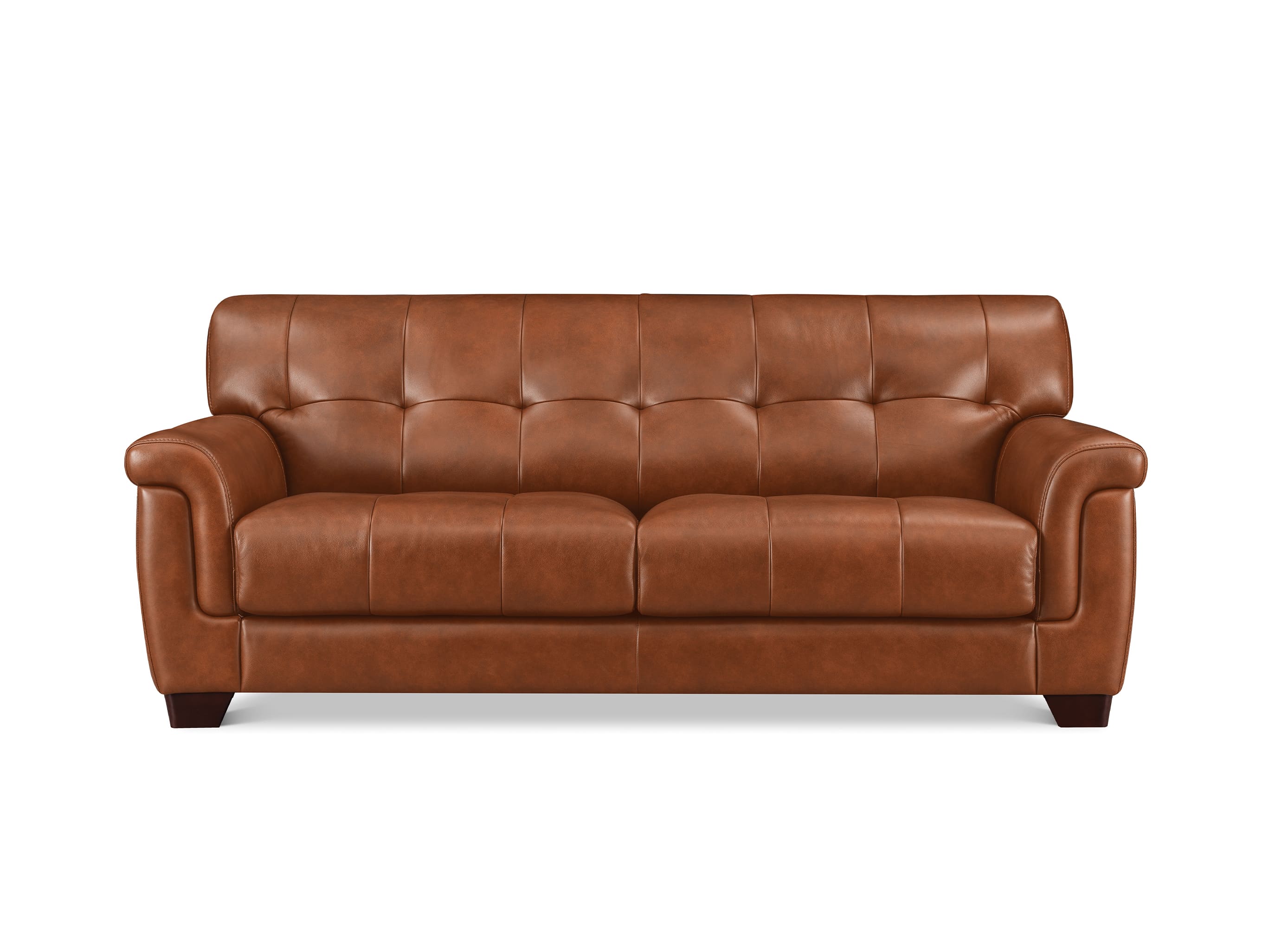 A brown leather loveseat sofa with a tufted backrest and rolled arms, shown against a plain white background.