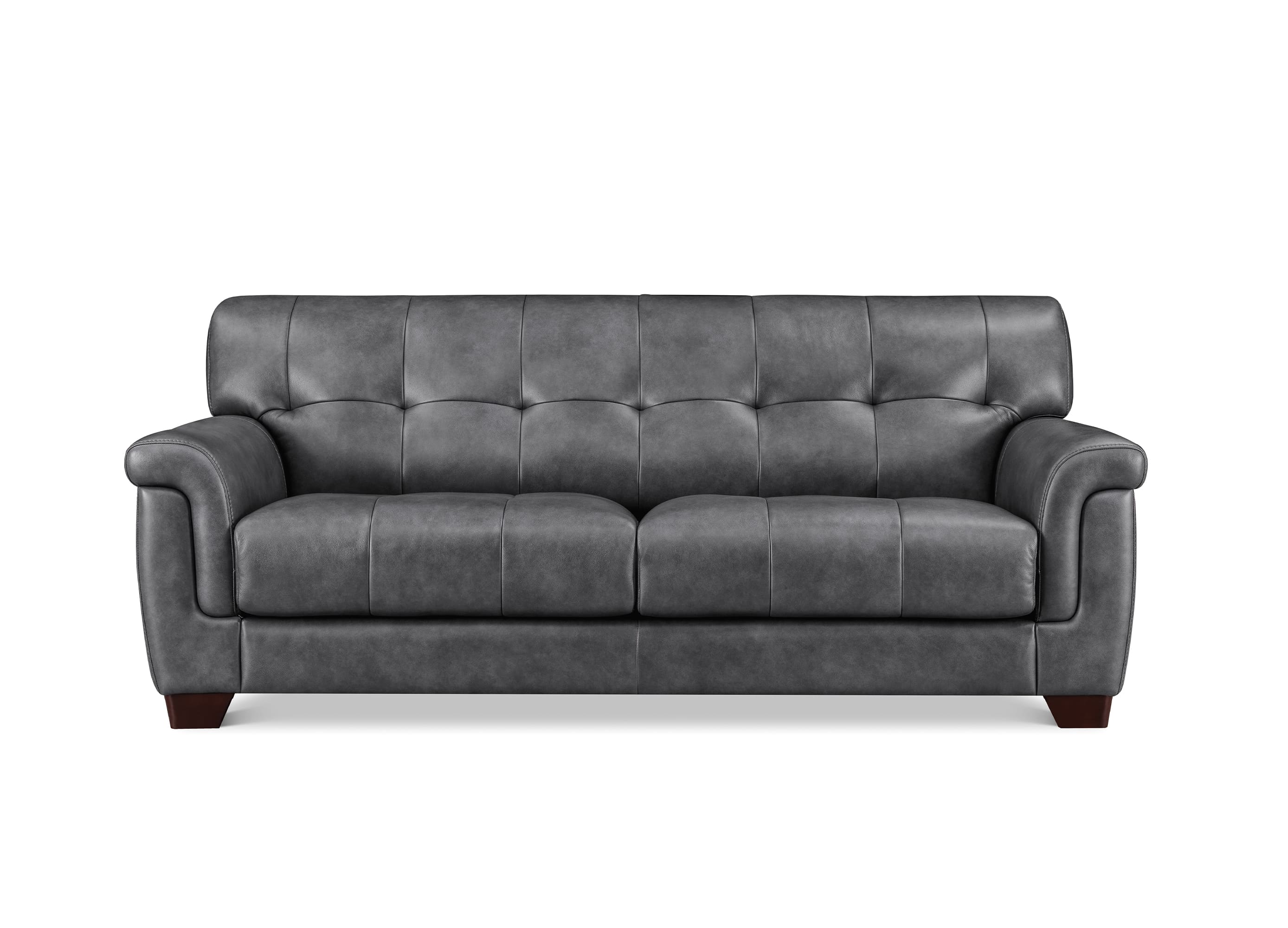 A dark gray tufted leather loveseat sofa with rolled arms and dark wooden legs, shown from a front-facing perspective on a white background.