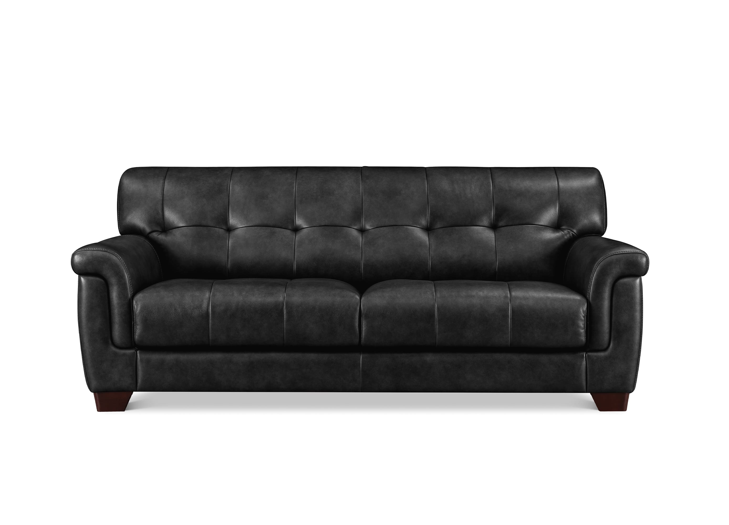 A dark brown leather loveseat sofa with tufted button details on the backrest and seat cushions, shown against a plain white background.