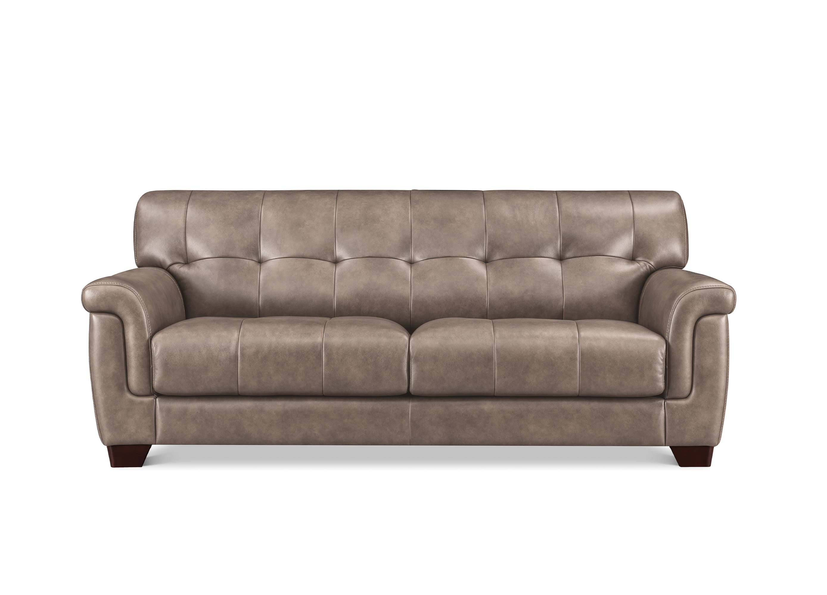 A three-seater tufted leather sofa in a taupe brown color, shown from a front-facing perspective on a solid white background.