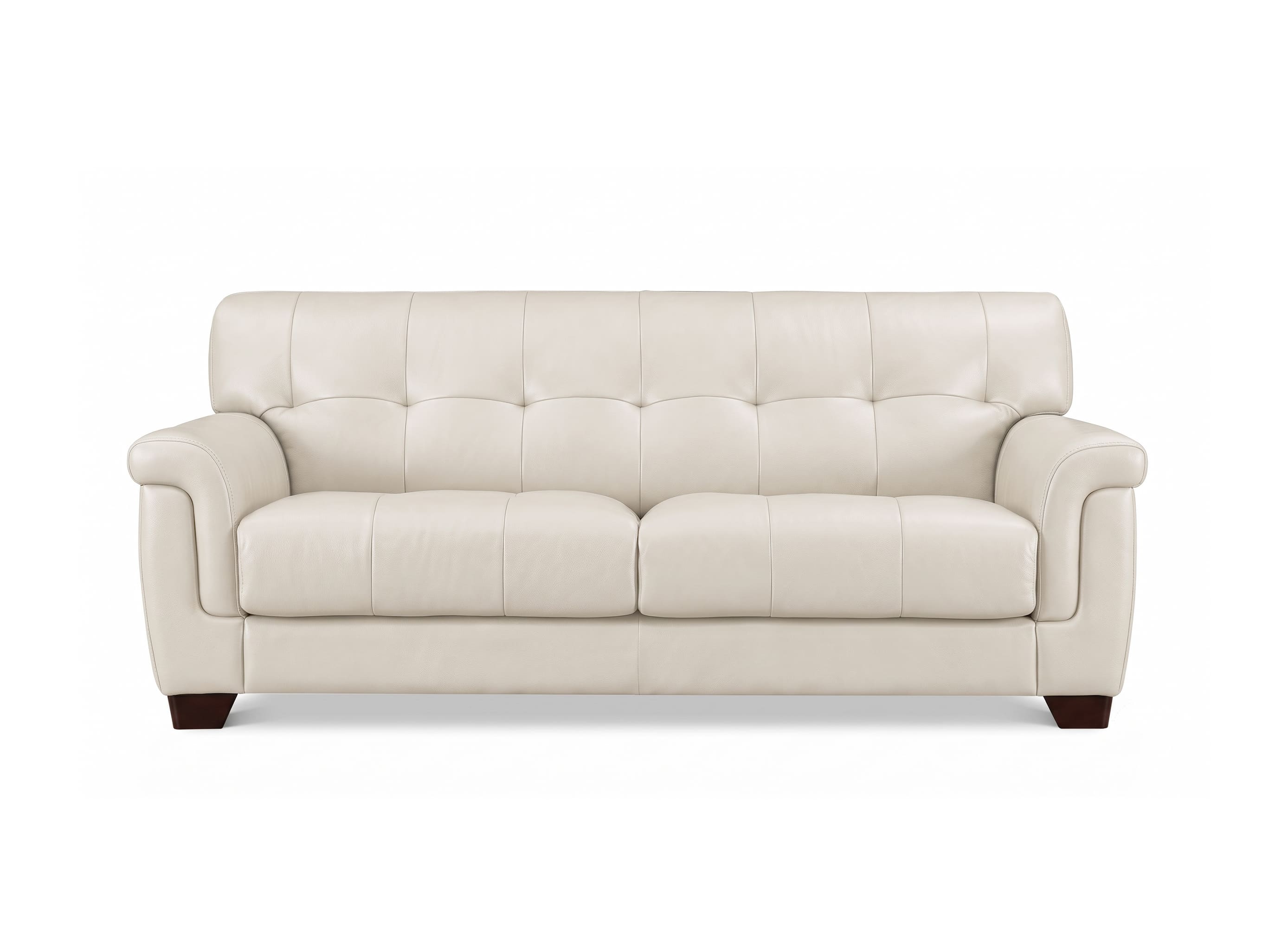 A cream-colored leather loveseat sofa with tufted button details on the backrest and seat, featuring rolled arms and dark brown wooden legs, shown against a plain white background.