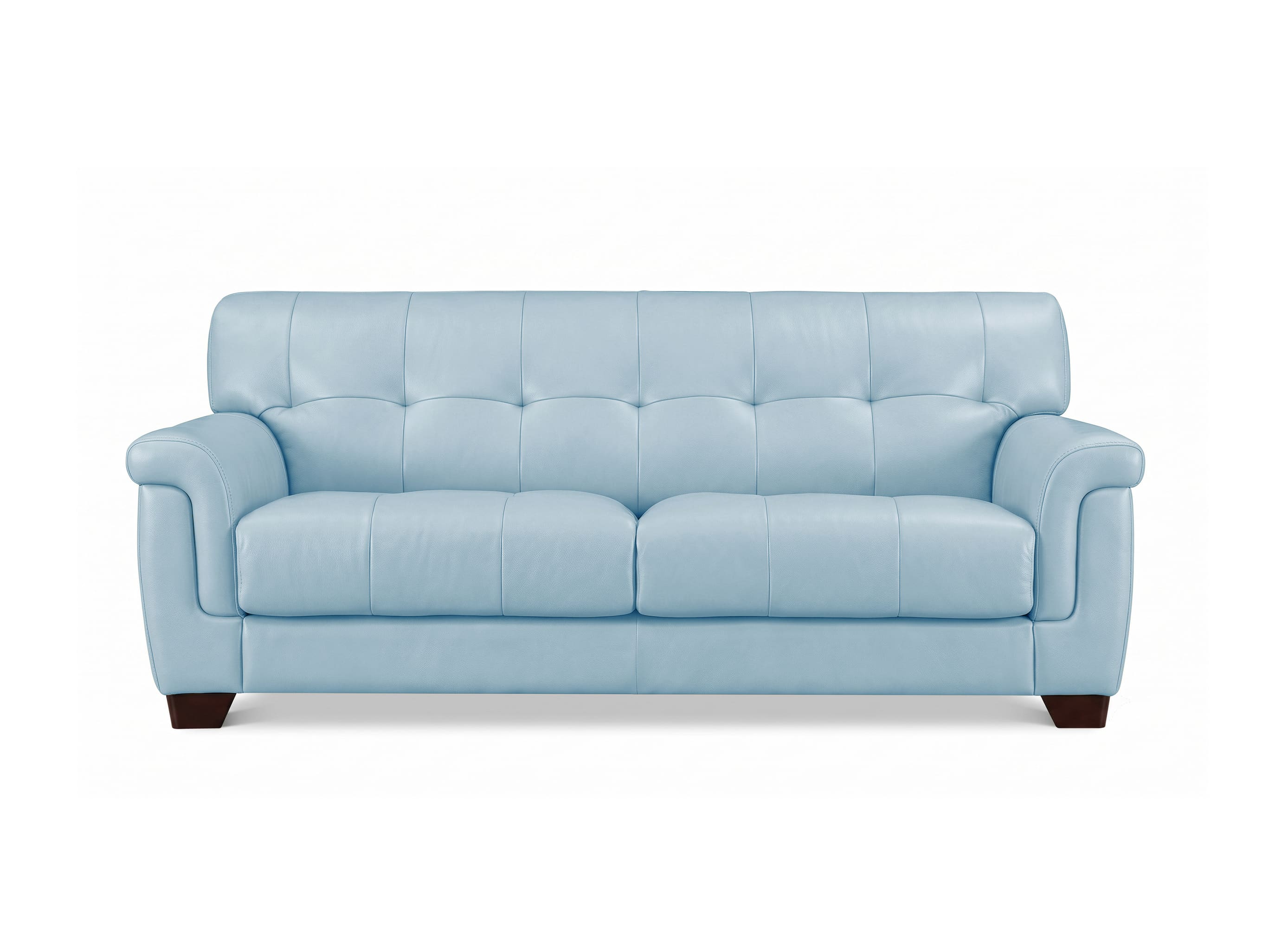 A light blue tufted leather loveseat sofa with dark brown wooden legs, shown from a front-facing perspective on a solid white background.