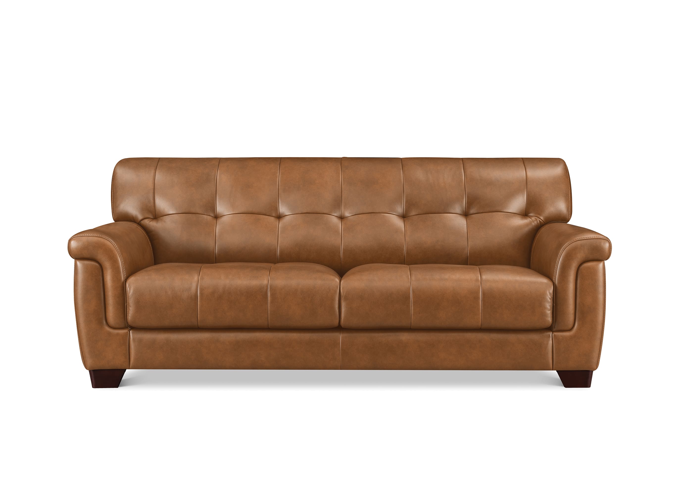 A classic three-seater sofa upholstered in warm brown leather with tufted button detailing on the backrest and seat cushions, set against a plain white background.