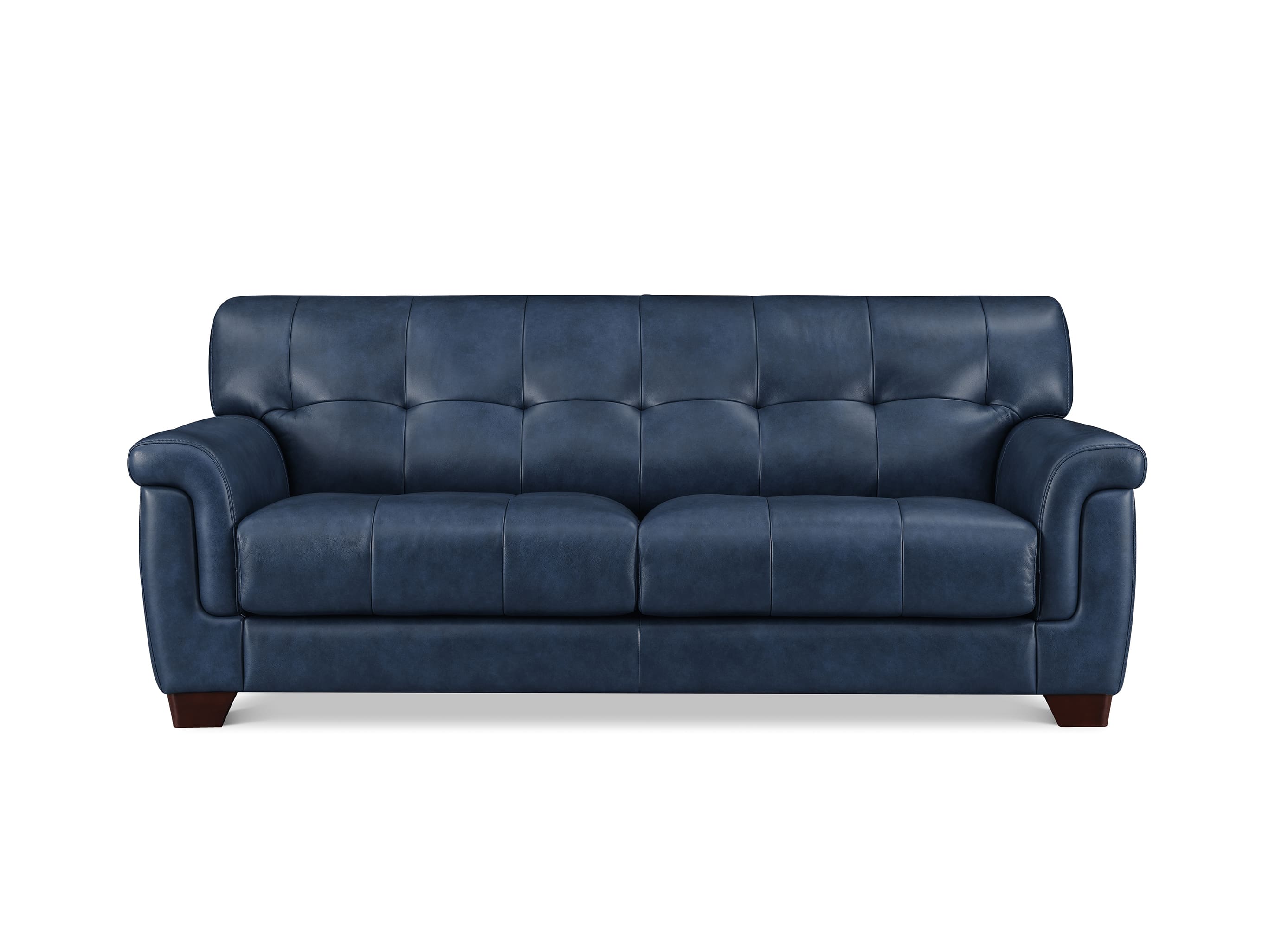 A navy blue tufted leather loveseat sofa with rolled arms and dark wooden legs, shown against a plain white background.